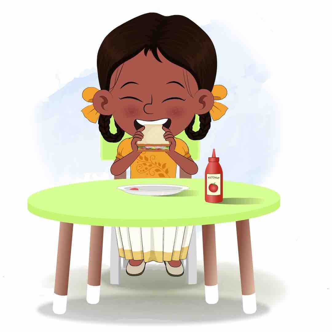 A little girl animated cartoon character sitting at a table and eating a sandwich aka tara