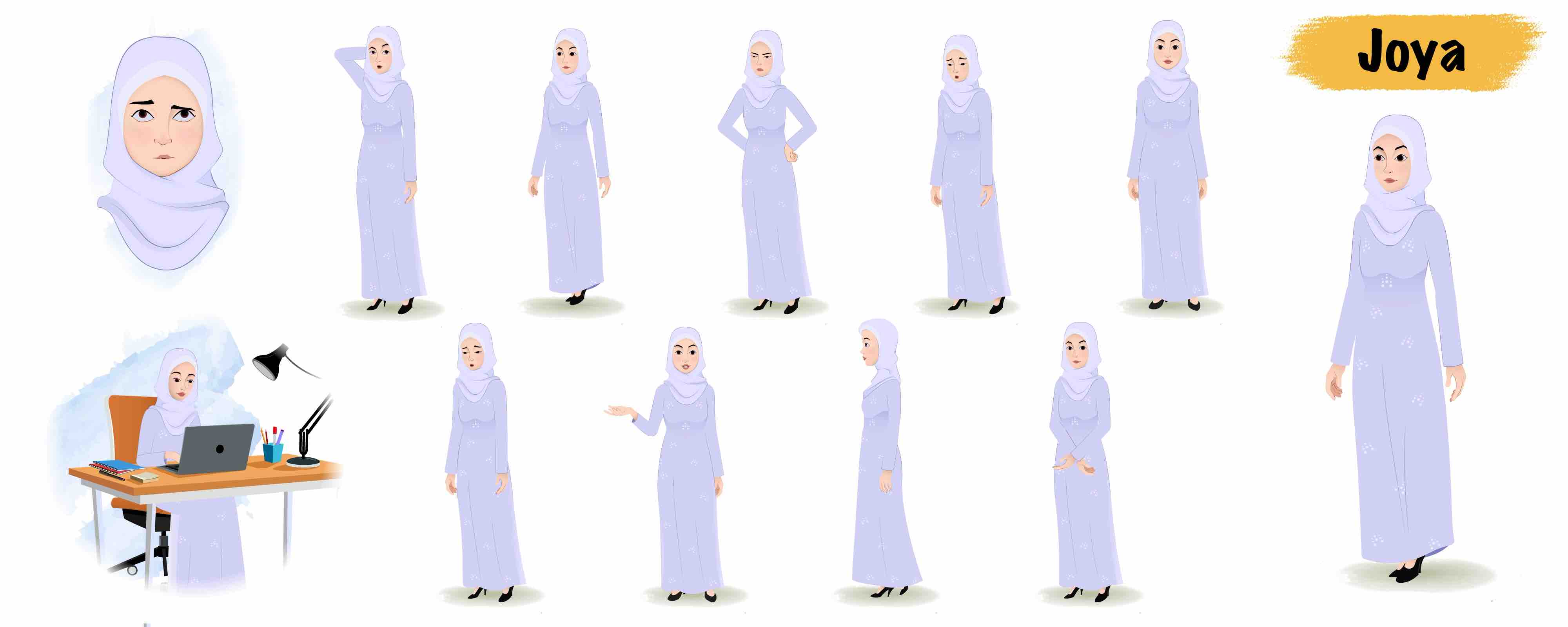 Muslim, arabic woman animated vector cartoon character model sheet AKA Joya