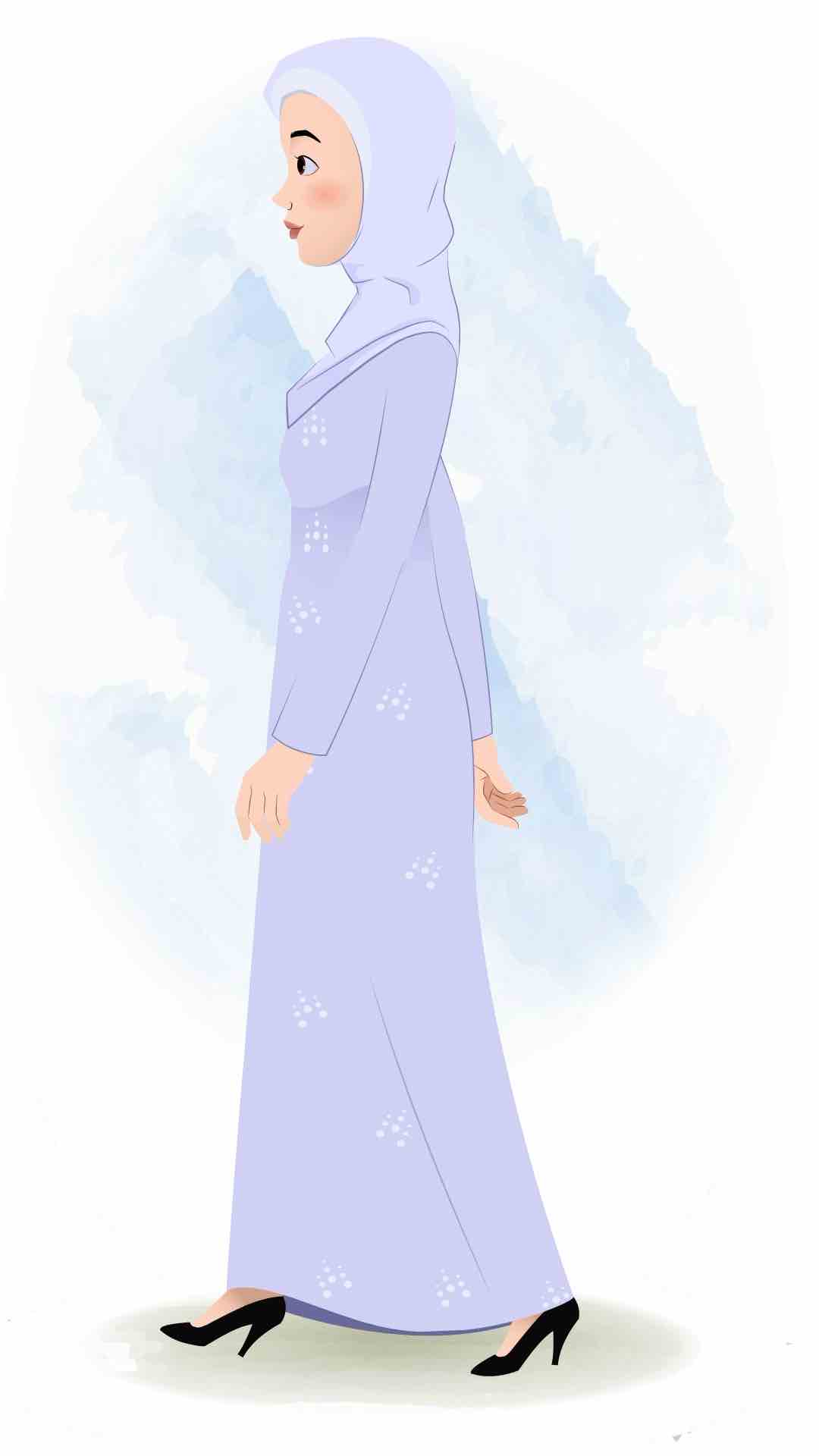 A muslim/arabic woman walking side view animated cartoon character aka joya