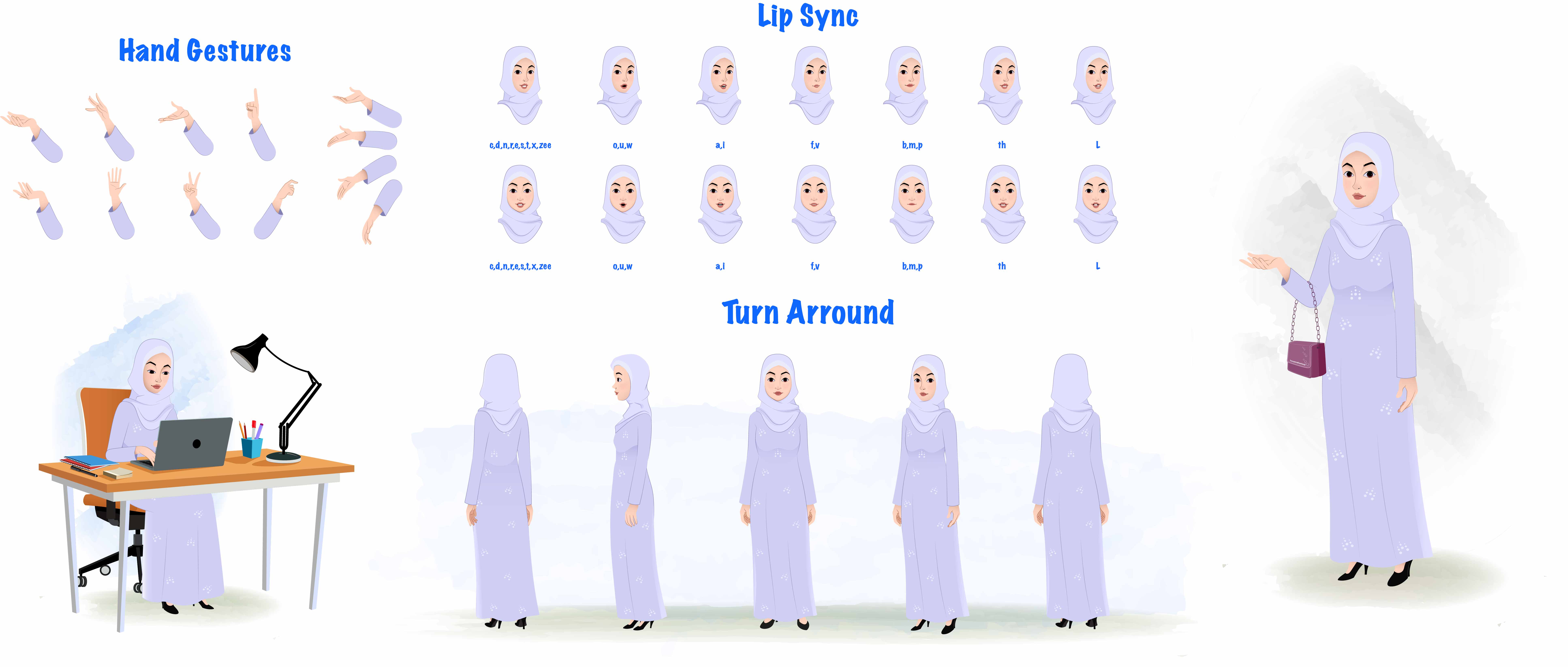 A muslim/arabic woman cartoon character construction/model sheet aka joya