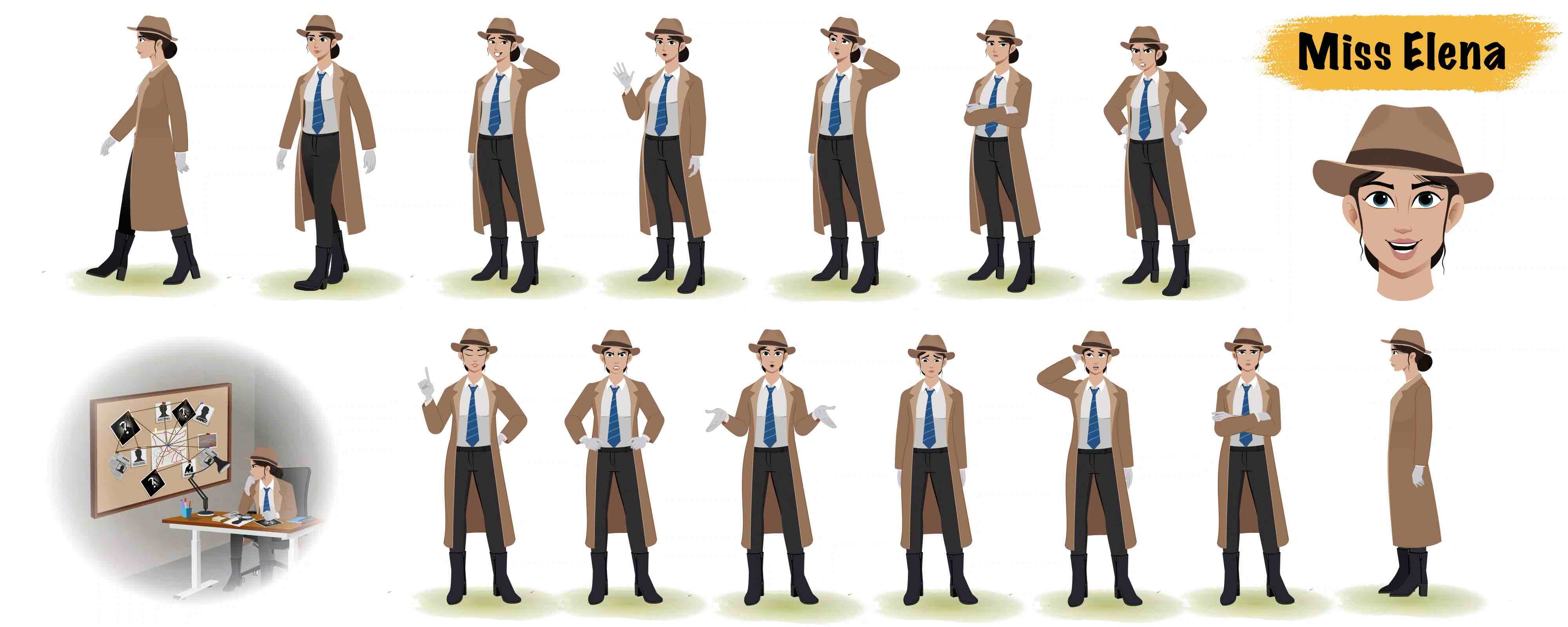 Female detective animated vector cartoon character model sheet AKA Miss Elina