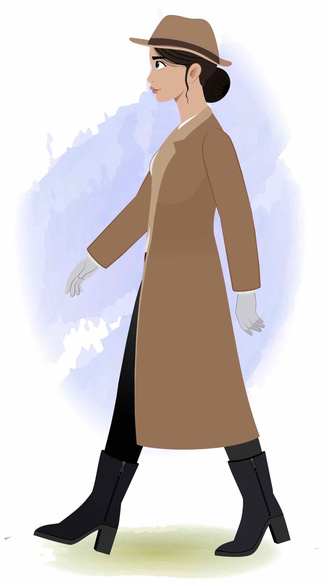 A female detective walking side view animated cartoon character aka miss elina