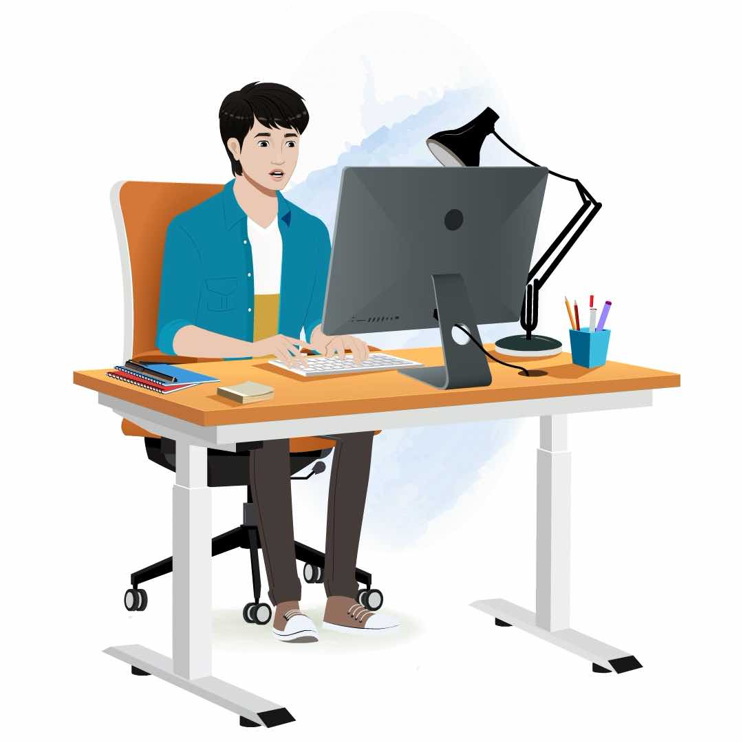 A Korean man animated cartoon character working on a computer aka george