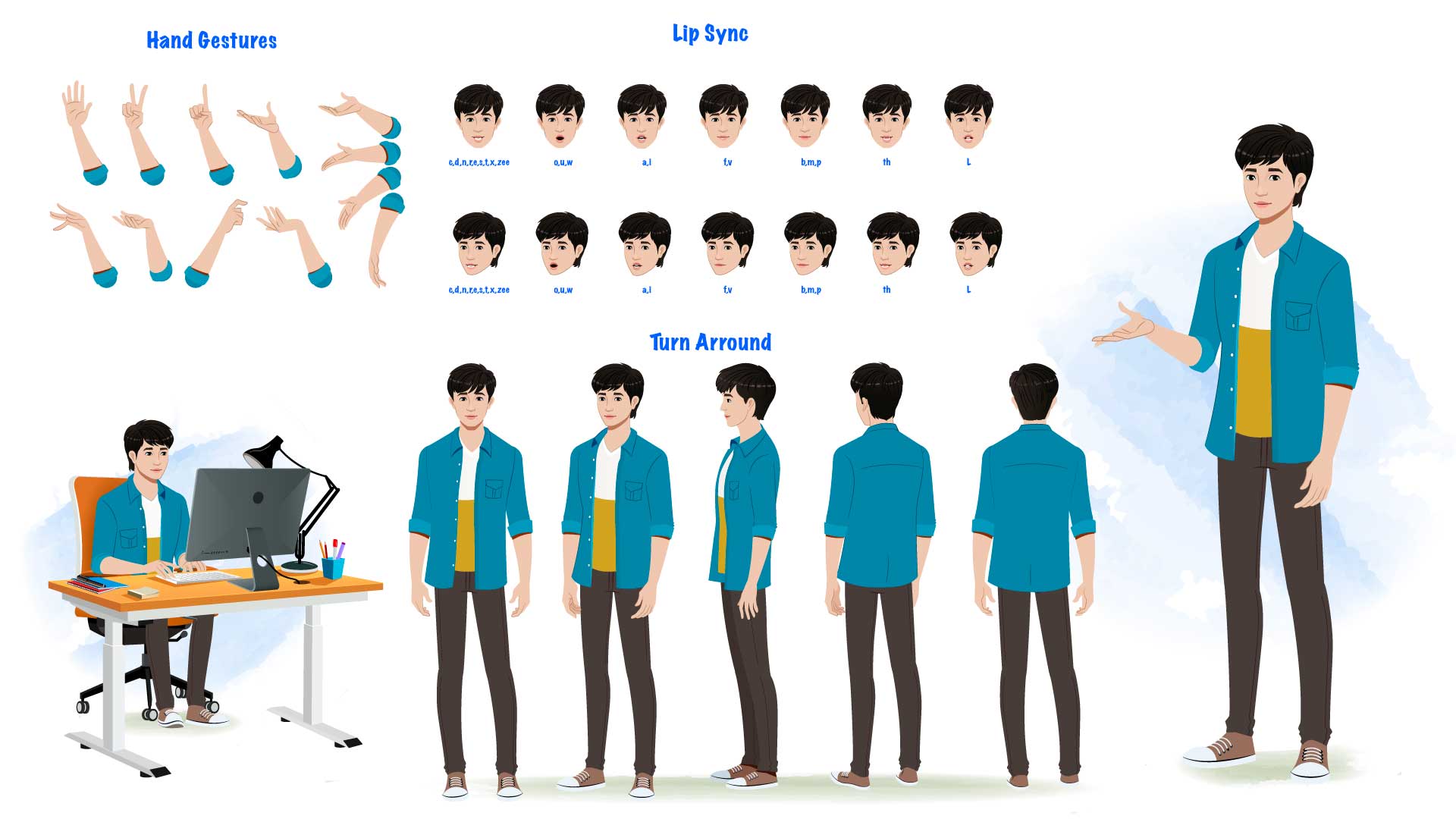 A Korean man cartoon character construction/model sheet aka george