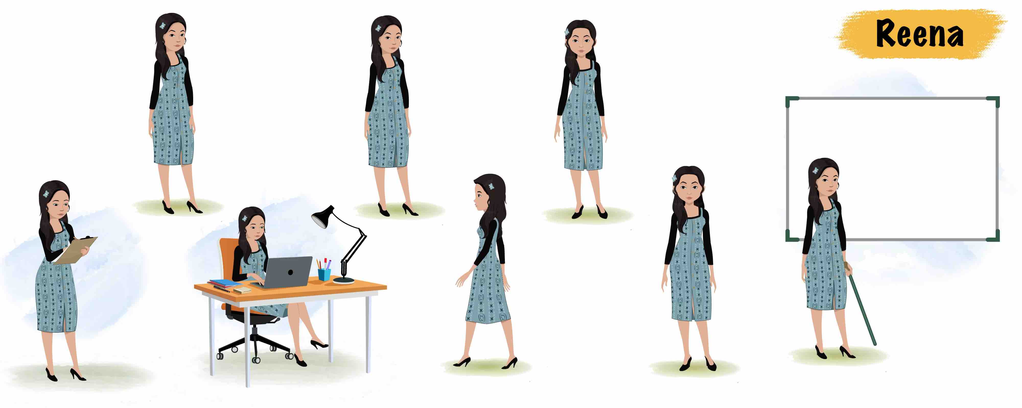 Indian young female teacher animated vector cartoon character model sheet AKA Renna