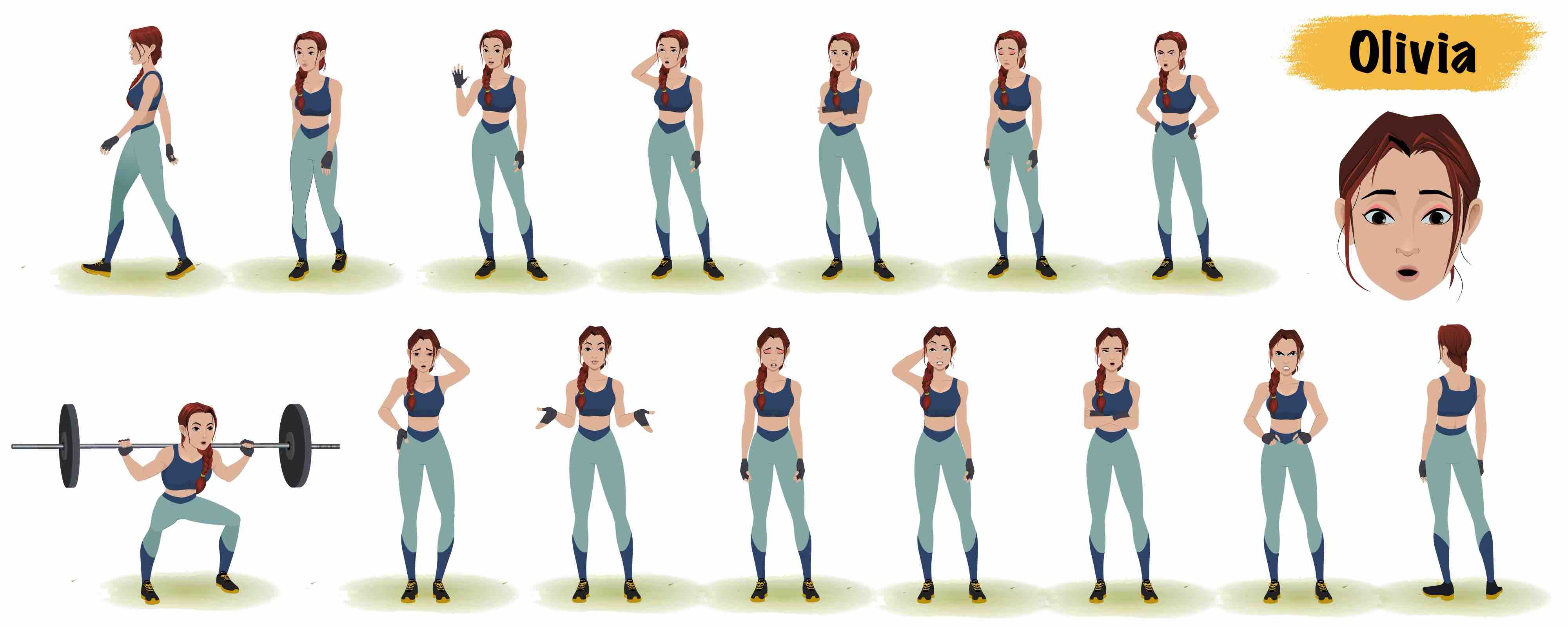 Workout female animated vector cartoon character model sheet AKA Olivia