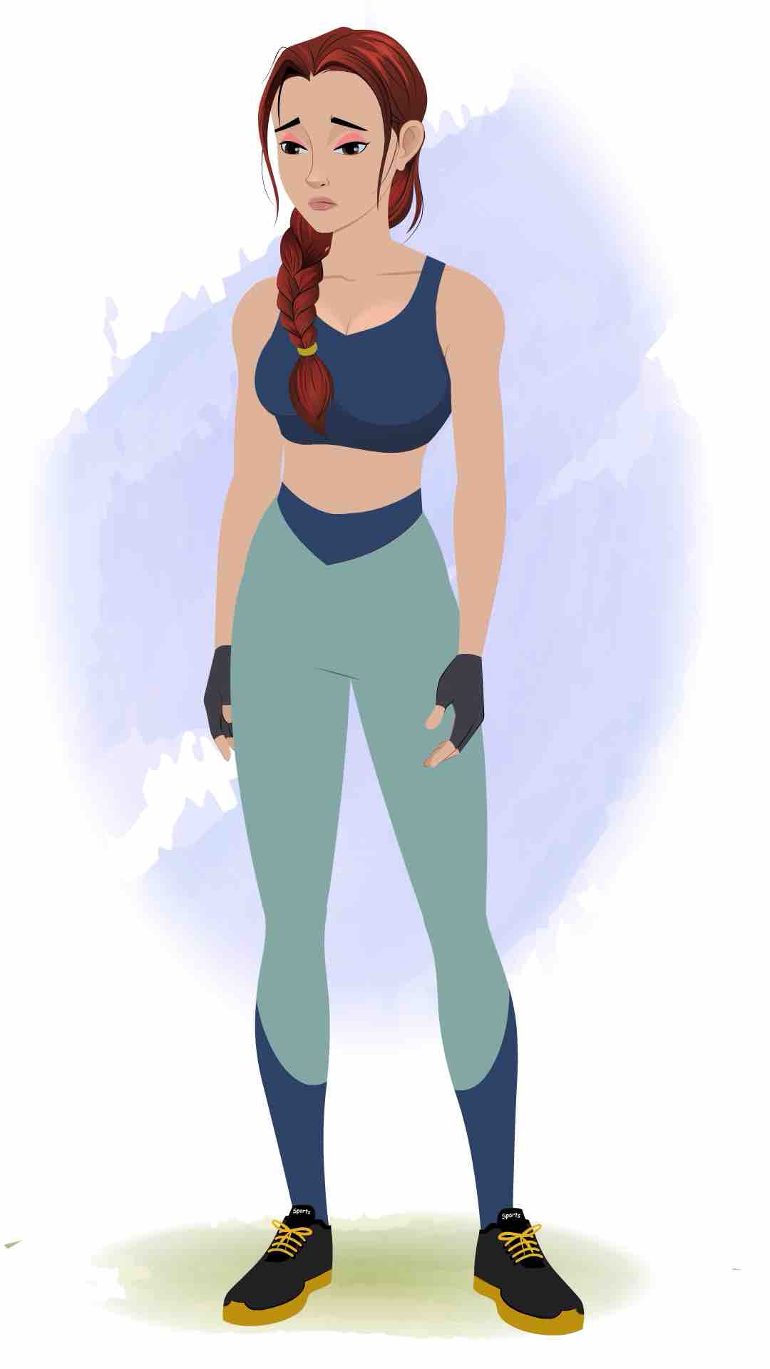 A workout female sad animated cartoon character aka olivia