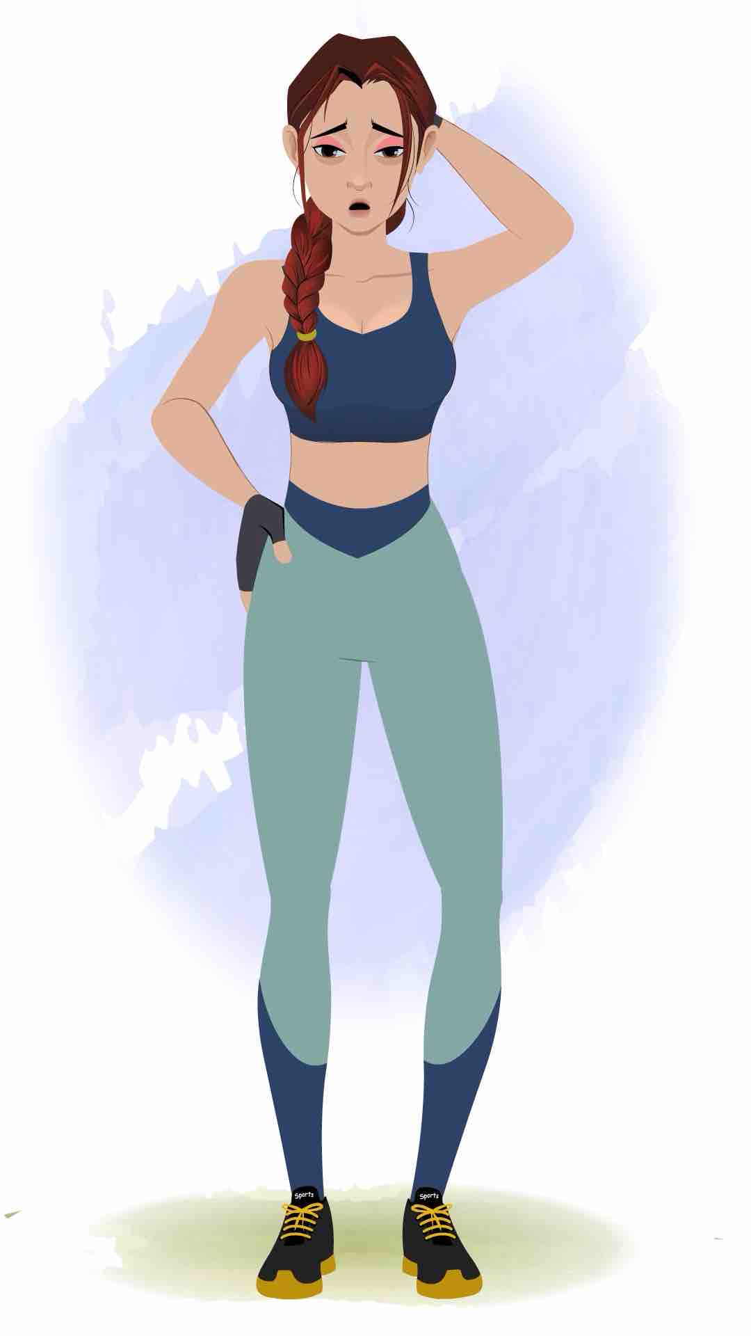 A tired workout female animated cartoon character aka olivia