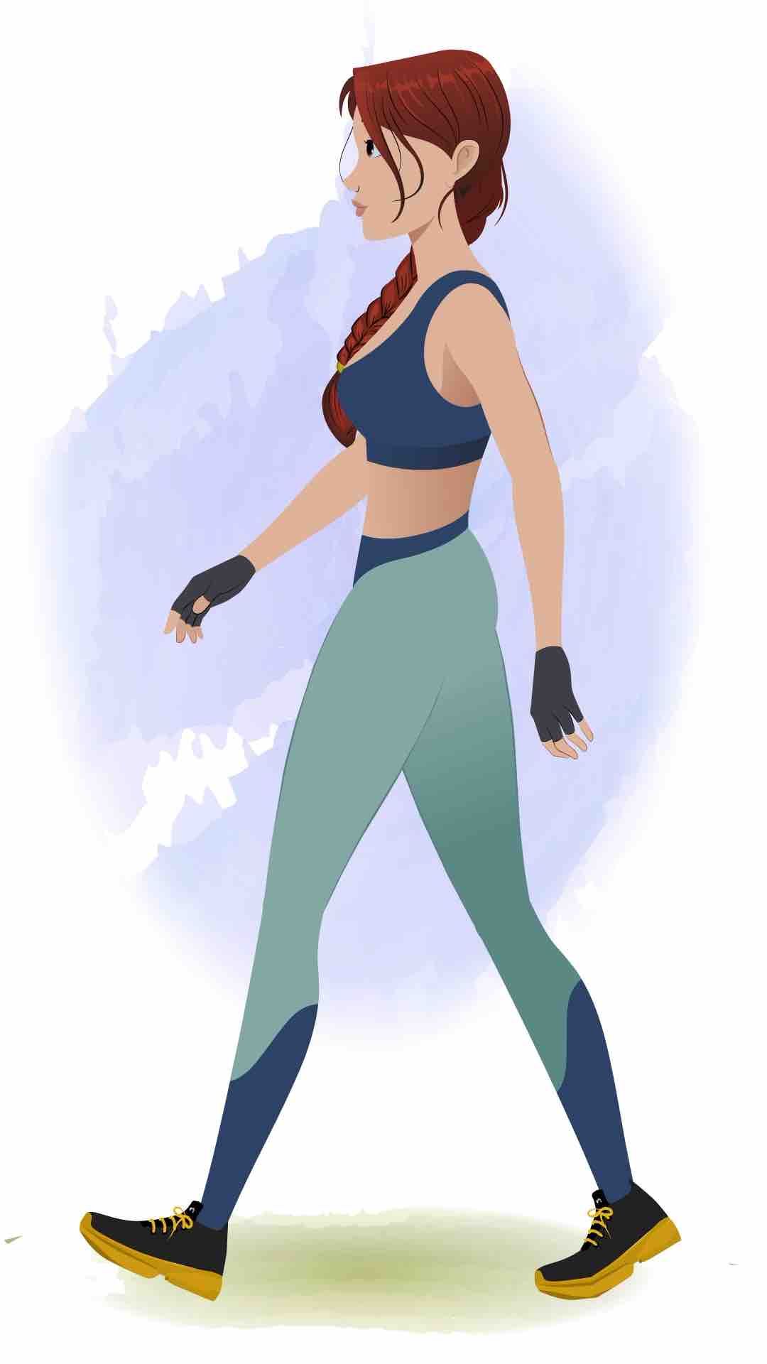 A workout female walking side view animated cartoon character aka olivia