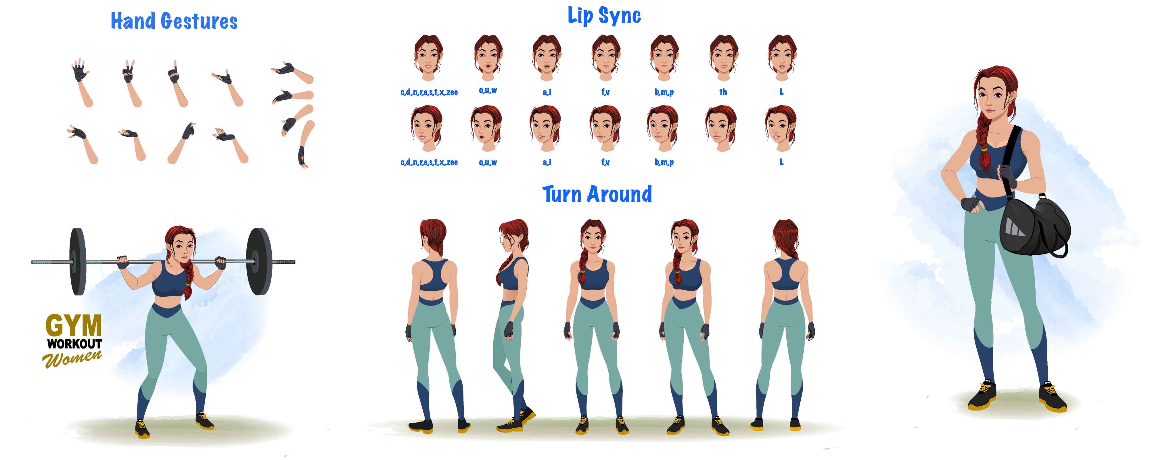 A workout female cartoon character construction/model sheet aka olivia