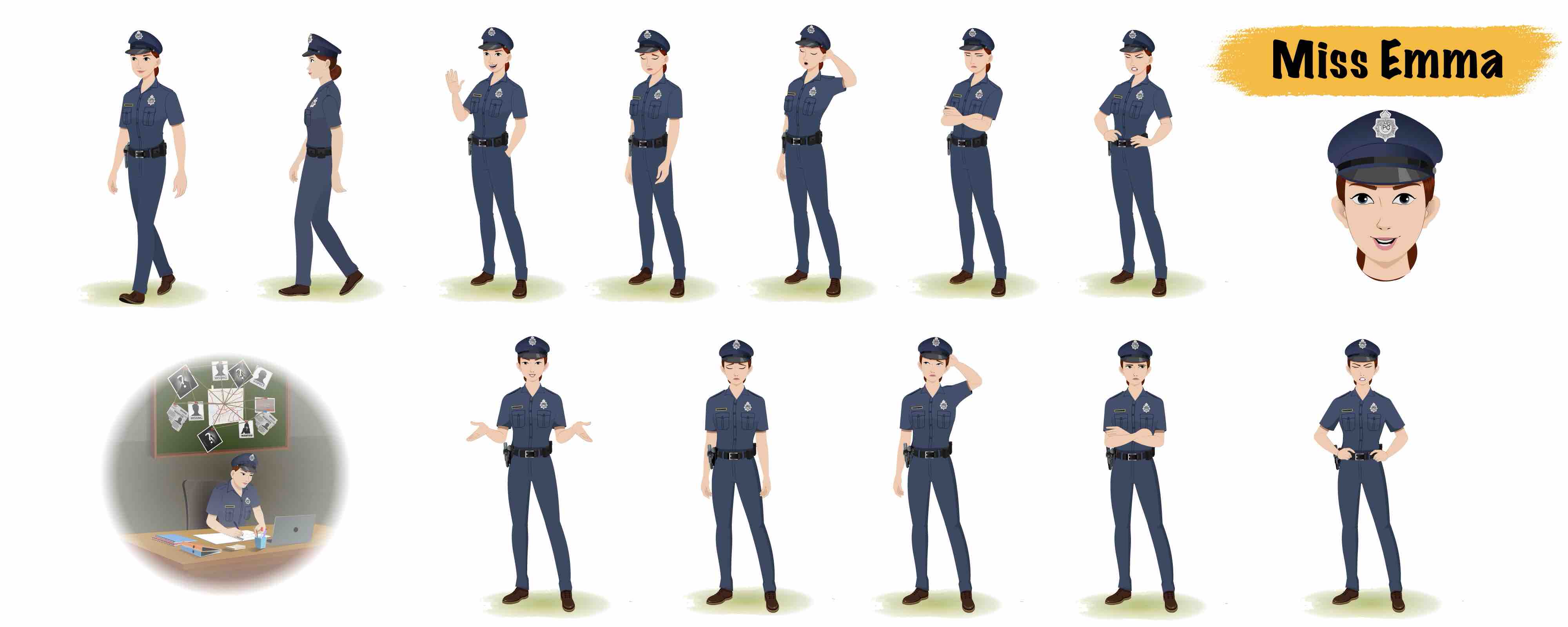 Female police officer animated vector cartoon character model sheet AKA Miss Emma