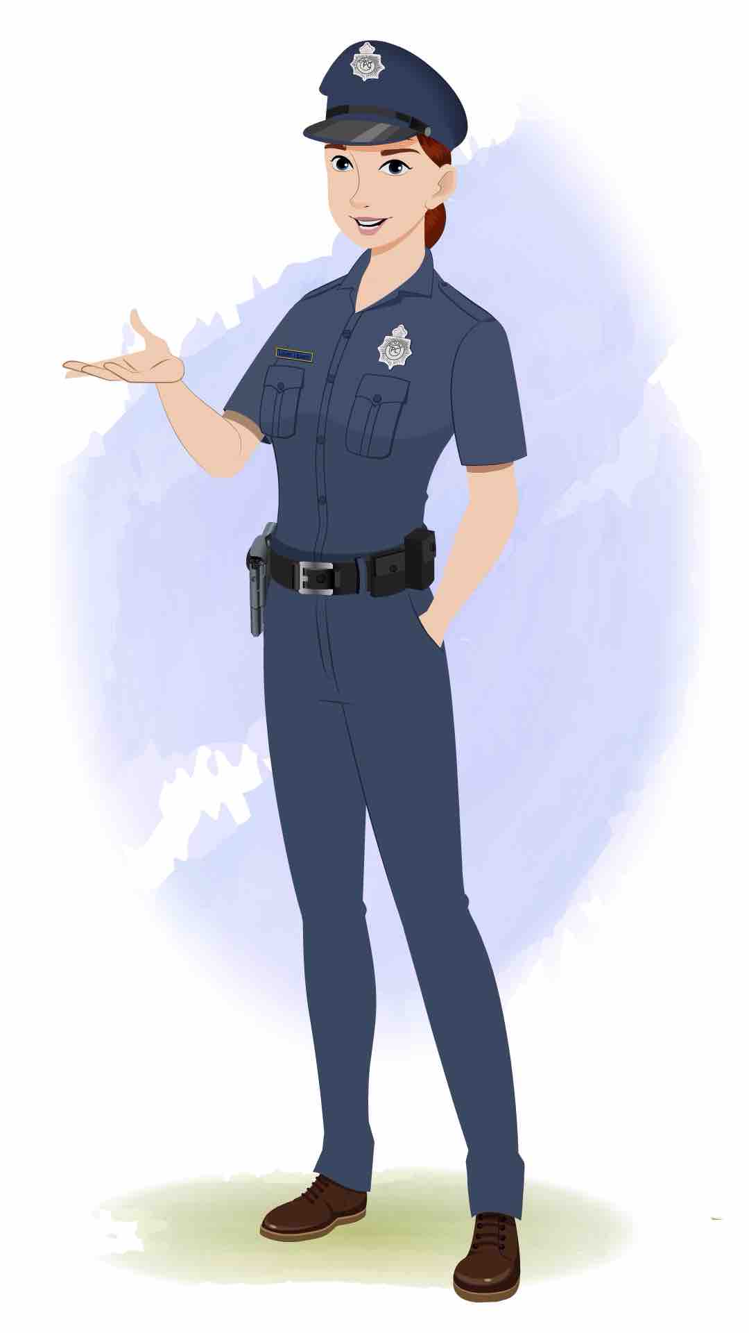 A female police talking animated cartoon character aka miss emma