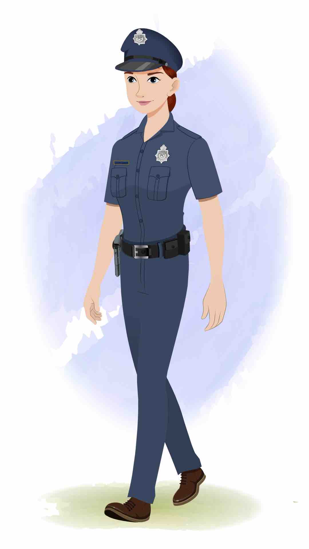 A female police 3/4 front view/three quarter view walking animated cartoon character aka miss emma