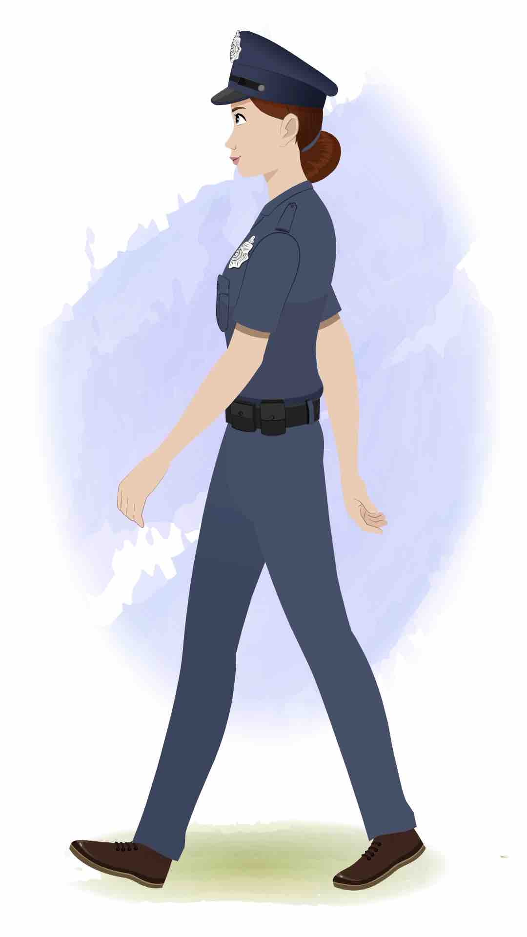 A female police walking side view animated cartoon character aka miss emma