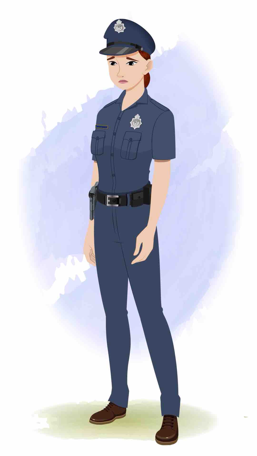 A female police sad animated cartoon character aka miss emma