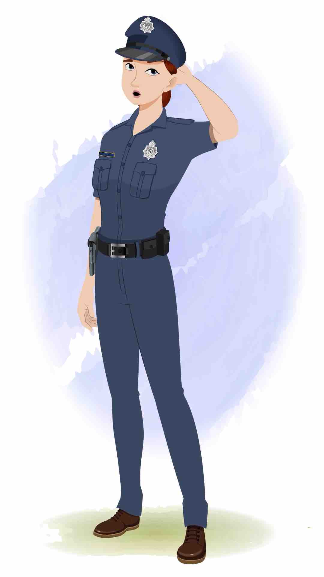 A confused female police animated cartoon character aka miss emma