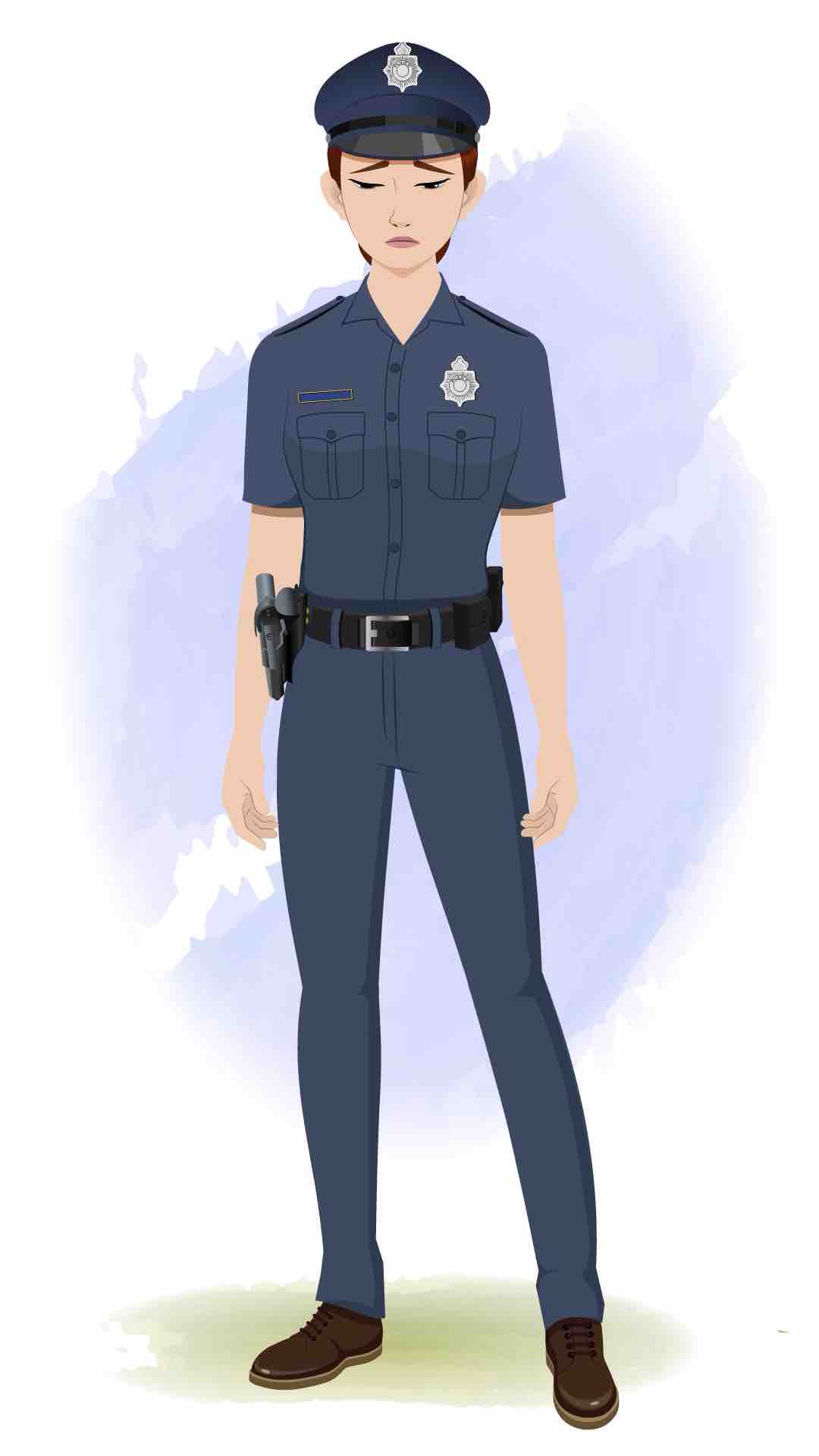 A female police sad animated cartoon character aka miss emma