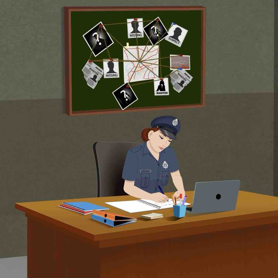 A female police working at office table. Police officer working on computer animated cartoon character aka miss emma