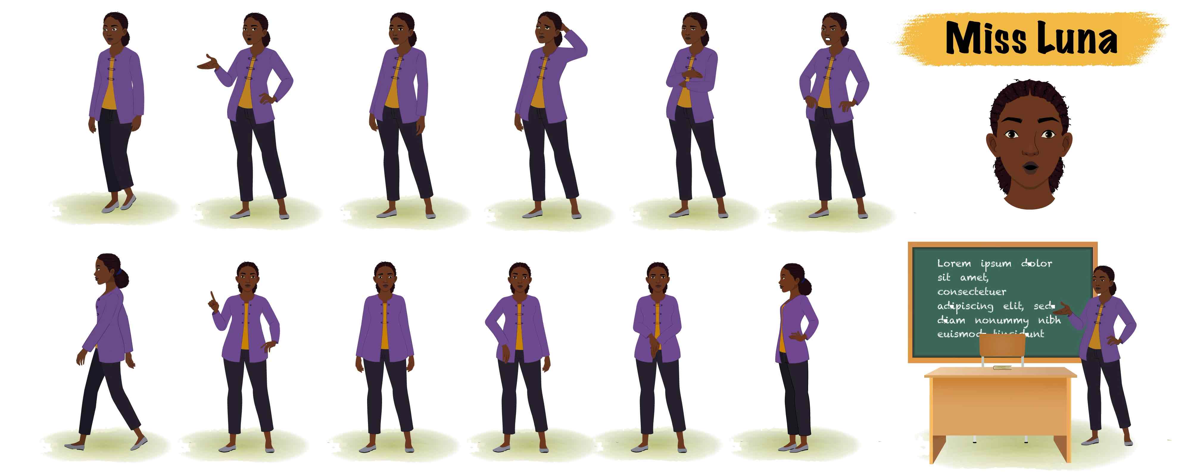 Black female teacher animated vector cartoon character model sheet AKA Miss luna