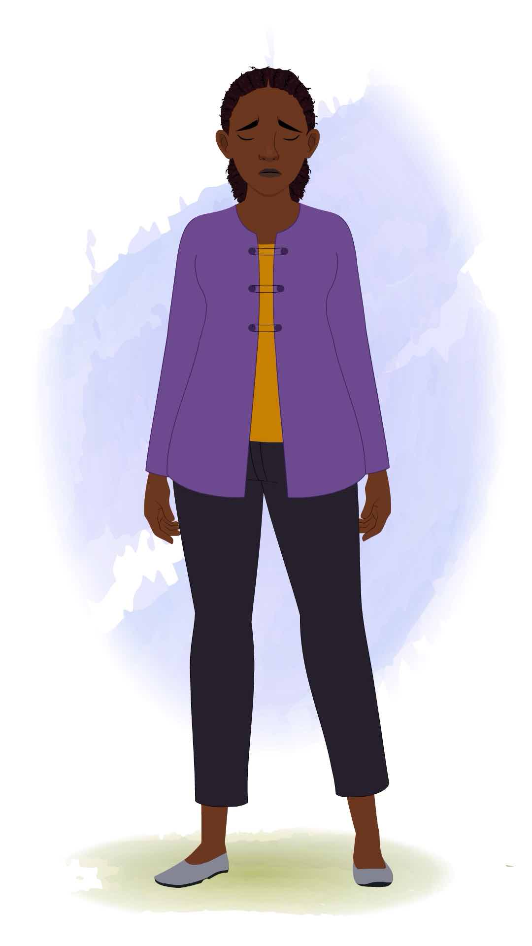 A sad black female teacher animated cartoon character aka miss luna