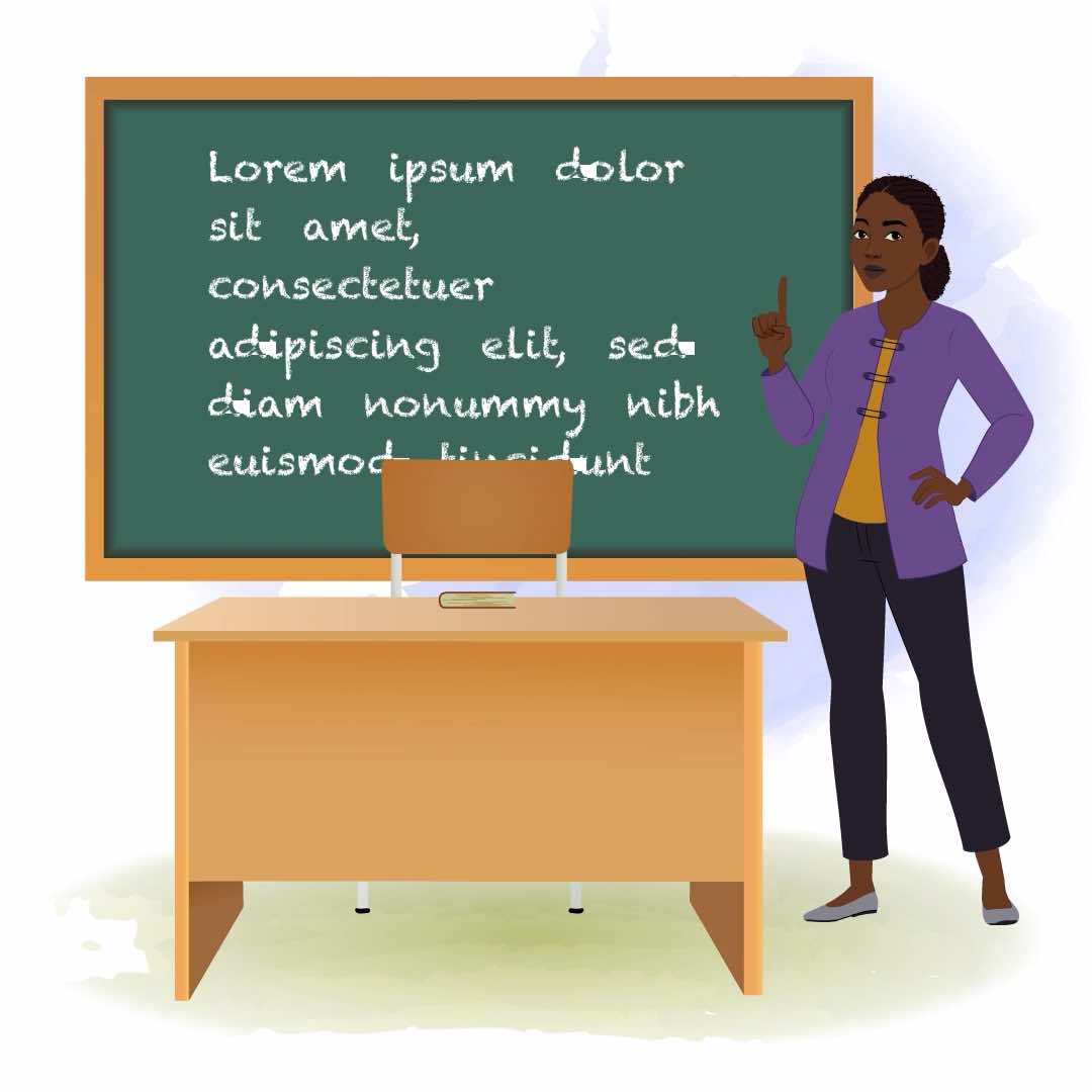 A black female teacher teaching on white board animated cartoon character aka miss luna