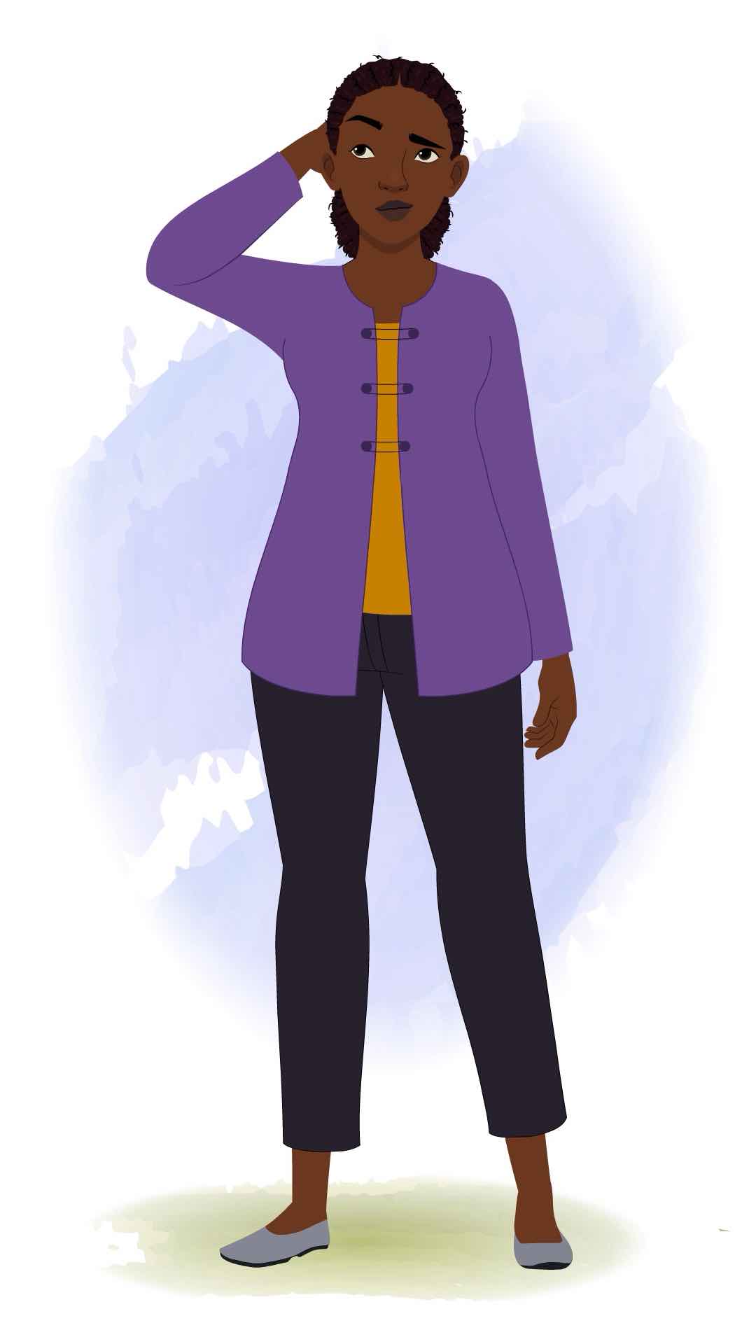 A confused black female teacher animated cartoon character aka miss luna