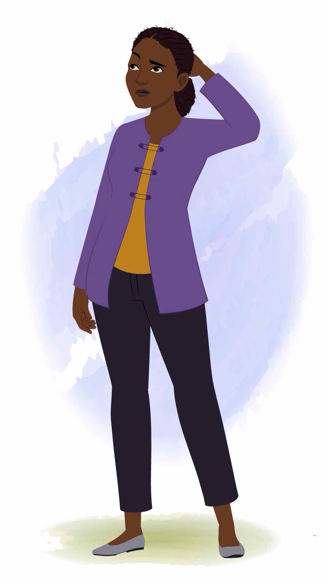 A confused black female teacher animated cartoon character aka miss luna