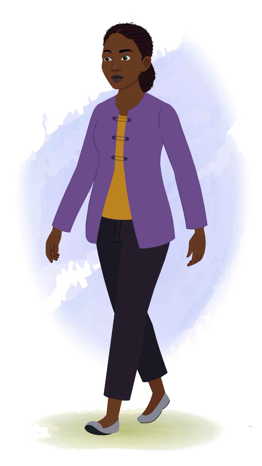 A black female teacher 3/4 front view/three quarter view walking animated cartoon character aka miss luna