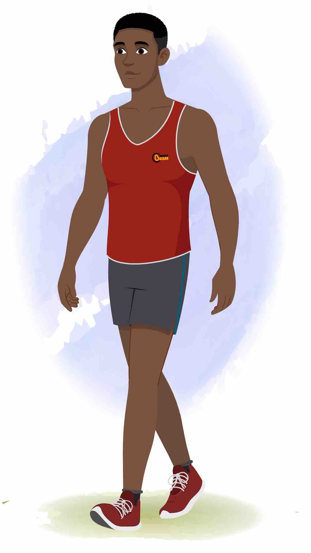 An athlete man 3/4 front view/three quarter view walking animated cartoon character aka brady