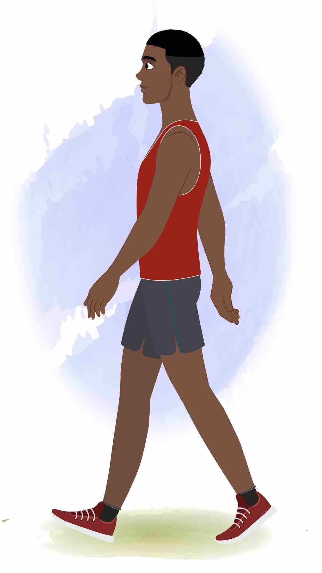 An athlete man walking side view animated cartoon character aka brady