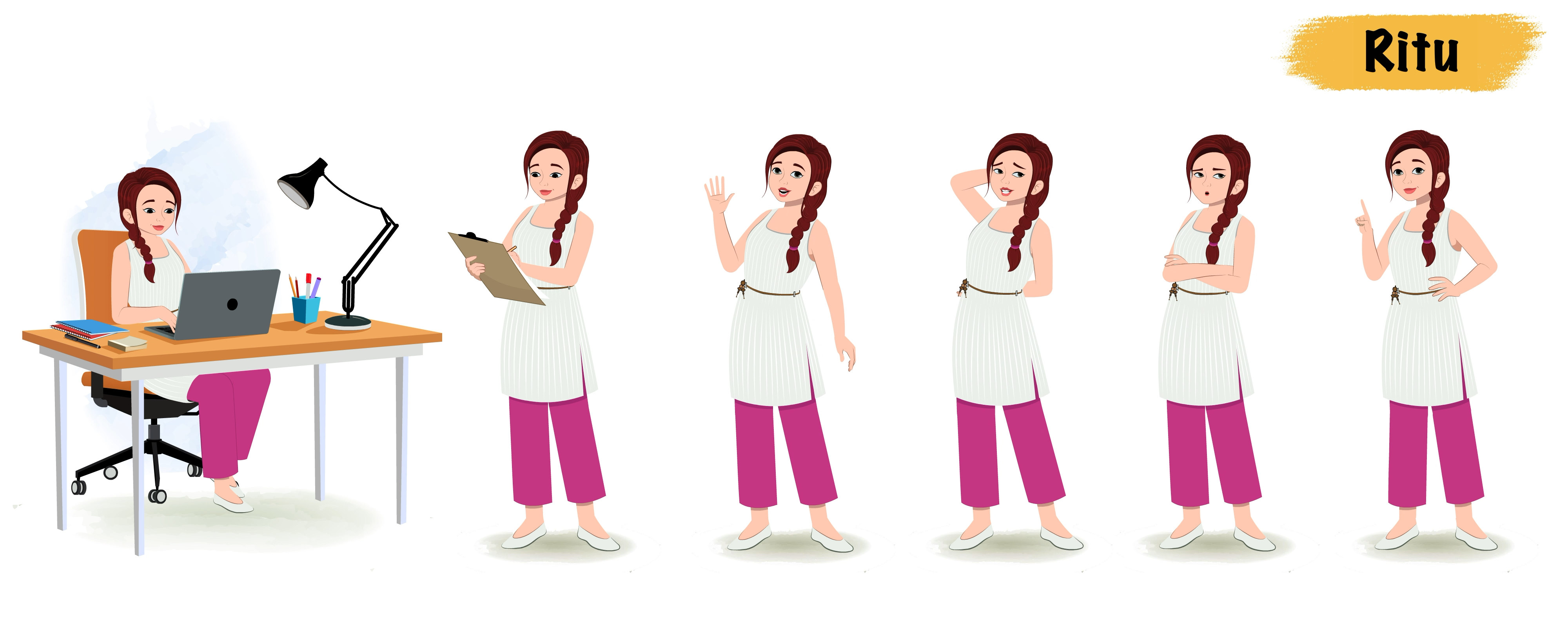 Indian woman teacher animated vector cartoon character model sheet AKA Ritu