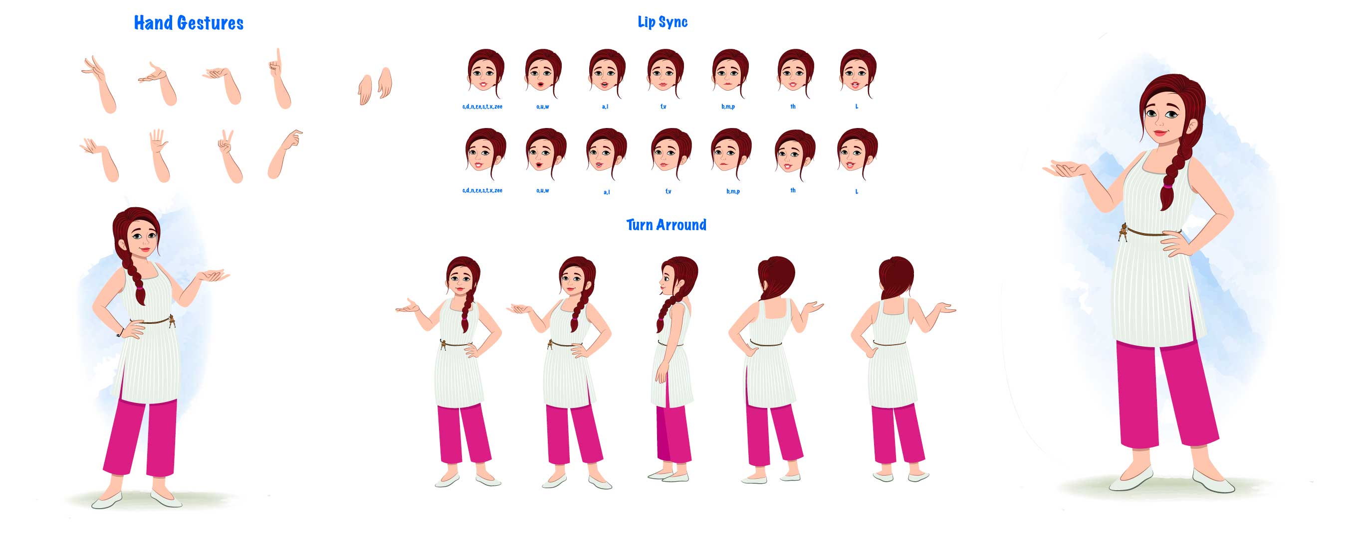 A female teacher cartoon character construction/model sheet aka ritu