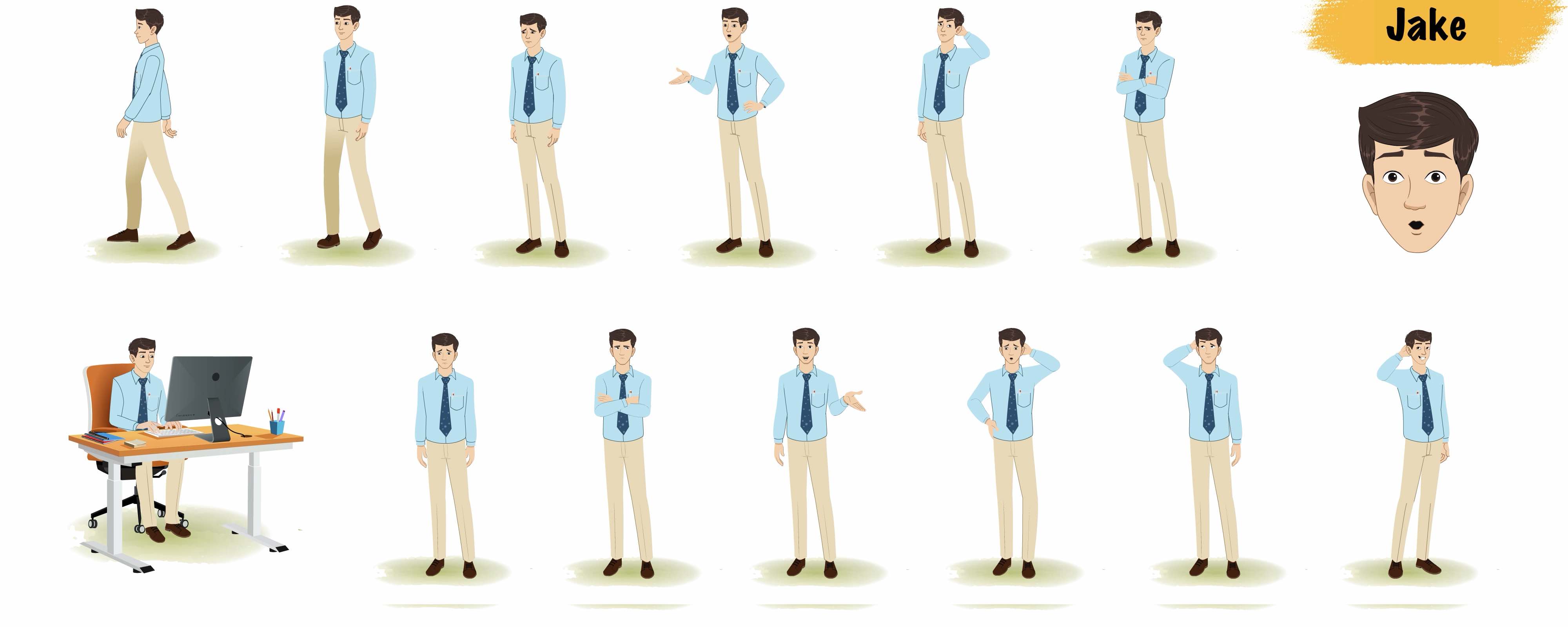 Office worker animated vector cartoon character model sheet AKA Jake