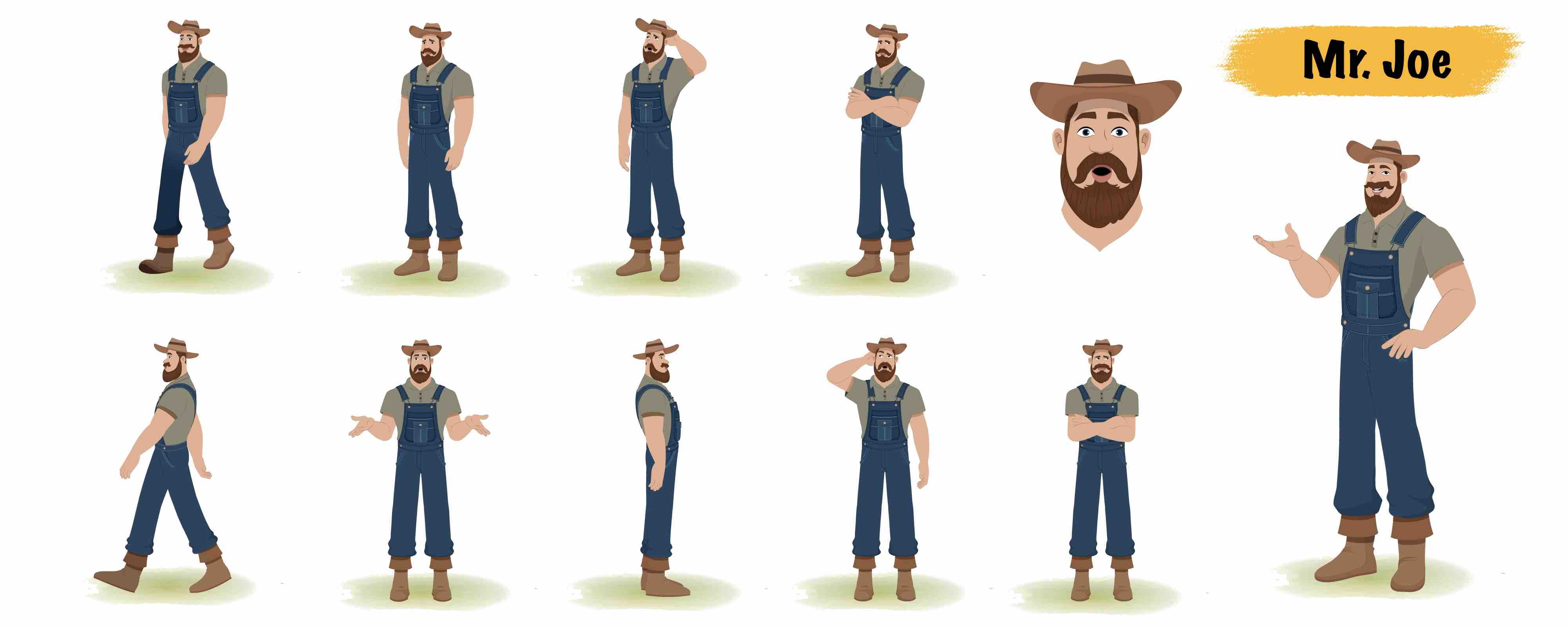 American farmer animated vector cartoon character model sheet AKA Mr.Joe