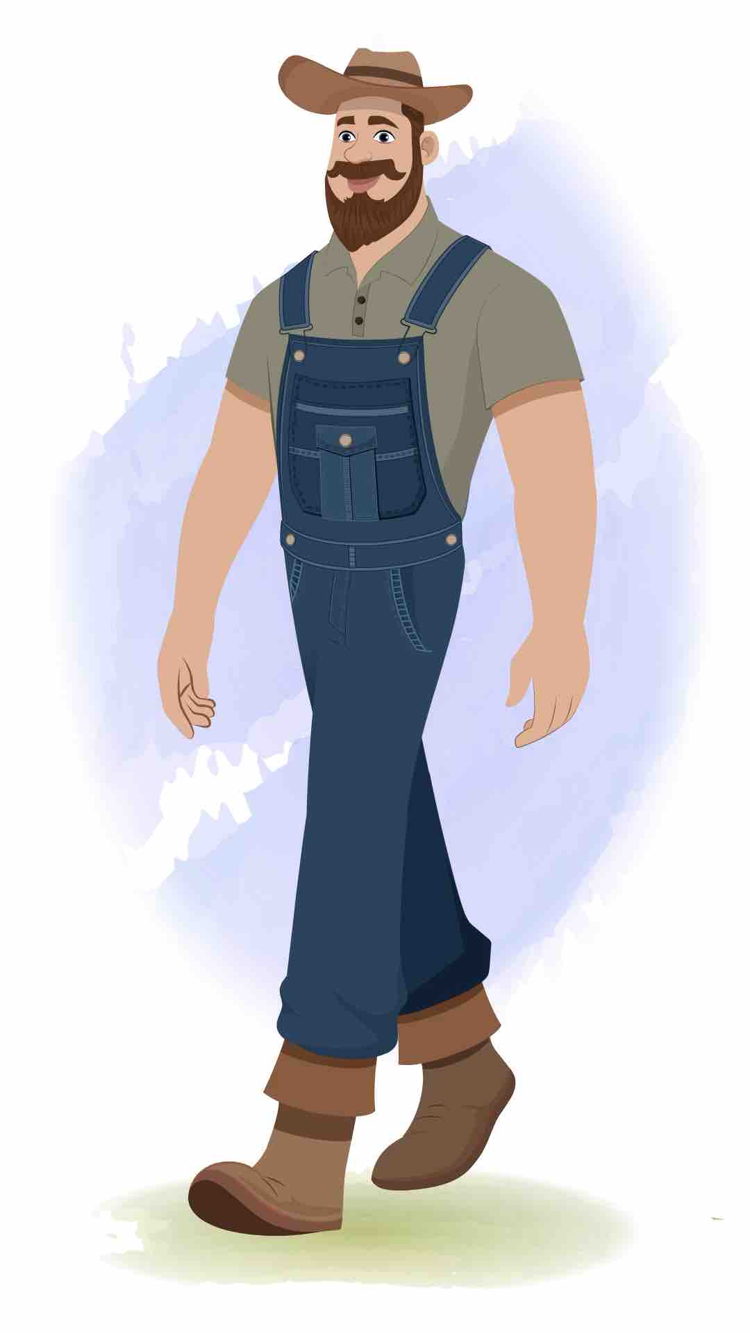 An American farmer 3/4 front view/three quarter view walking animated cartoon character aka mr.Joe