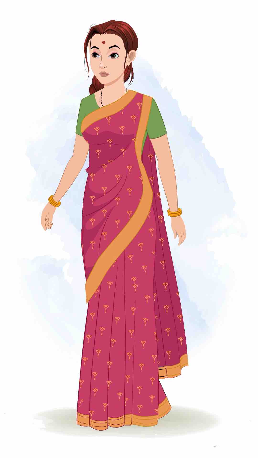 A beautiful Indian woman 3/4 front view/three quarter view walking animated cartoon character aka preet