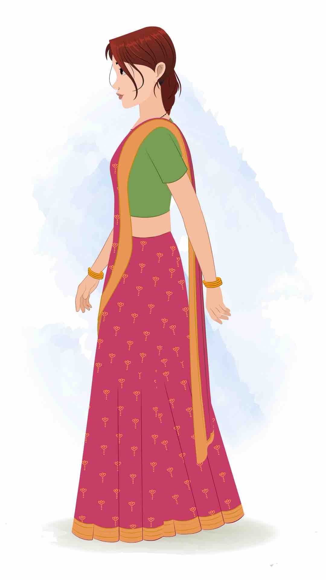 A beautiful Indian woman walking side view animated cartoon character aka preet