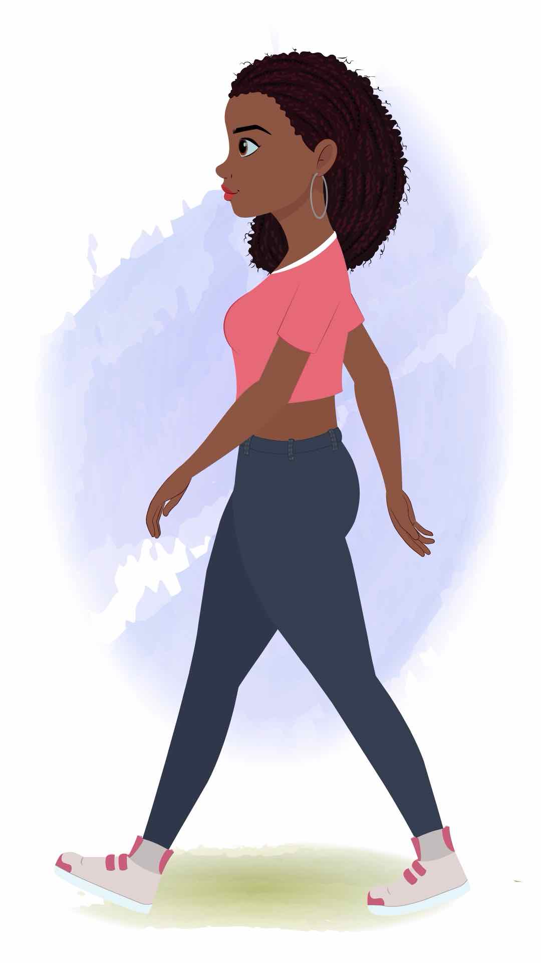 A beautiful black female walking side view animated cartoon character aka neo