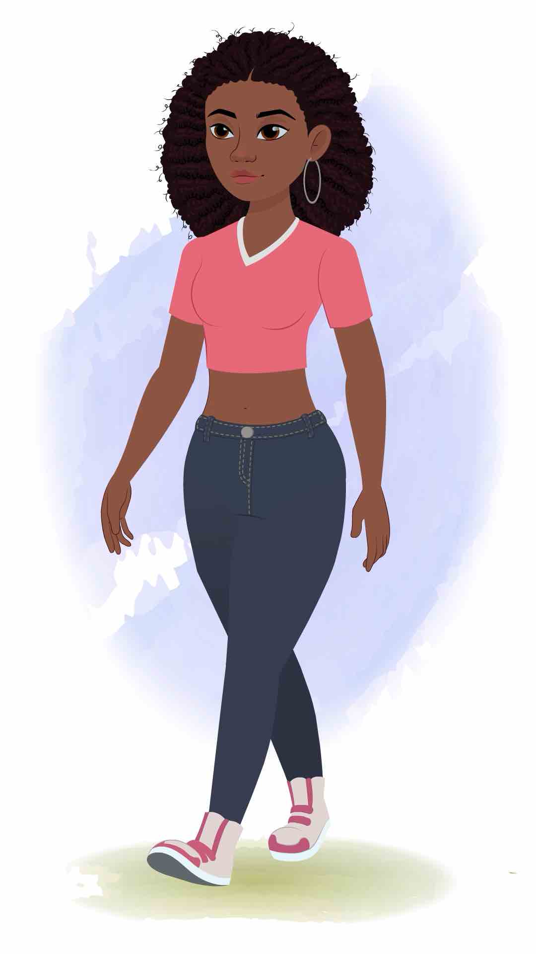 A beautiful black female 3/4 front view/three quarter view walking animated cartoon character aka neo