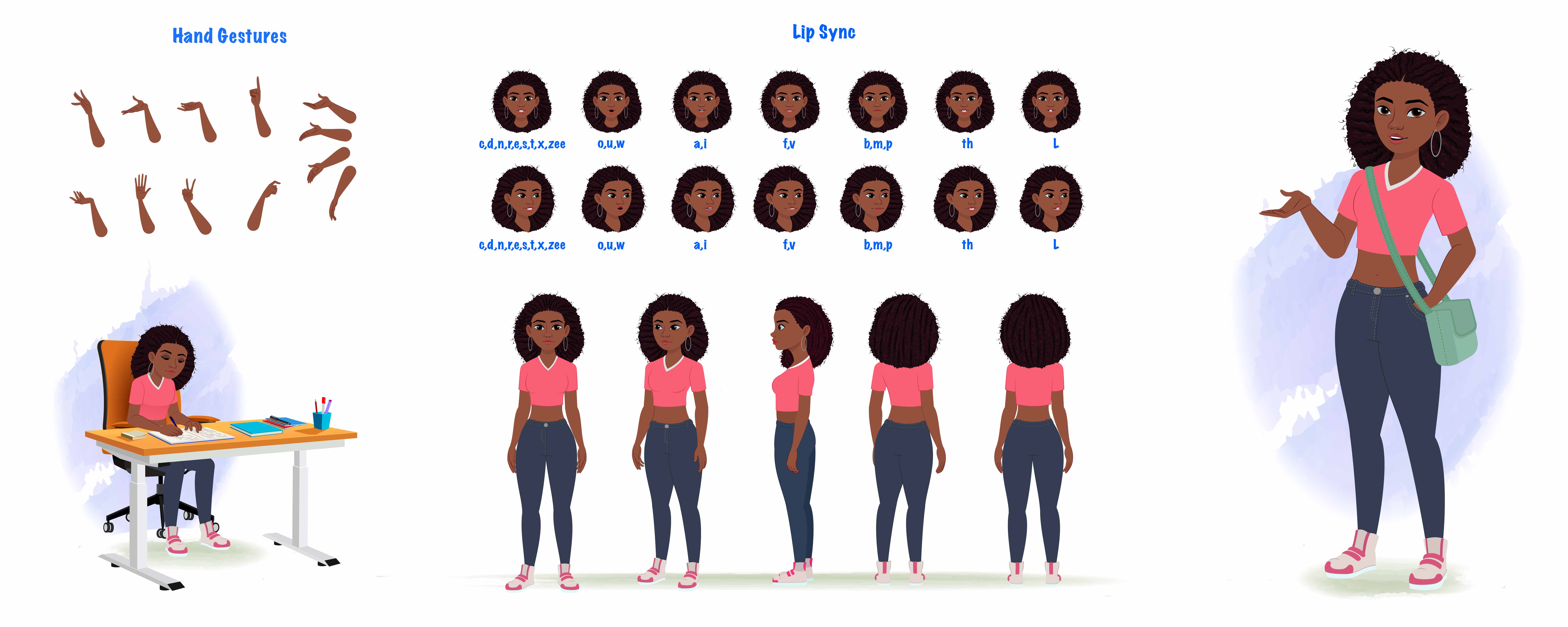 A beautiful black female cartoon character construction/model sheet aka neo