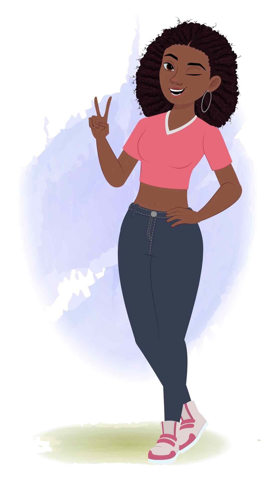 A beautiful black female animated cartoon character aka neo,woman posing for phoshoot,woman making a peace sign,woman posing for phoshoot, woman making a peace sign,posing,photoshoot,happy,peace sign,hand sign,vector,illustration,graphic,clipart,cartoon,neo