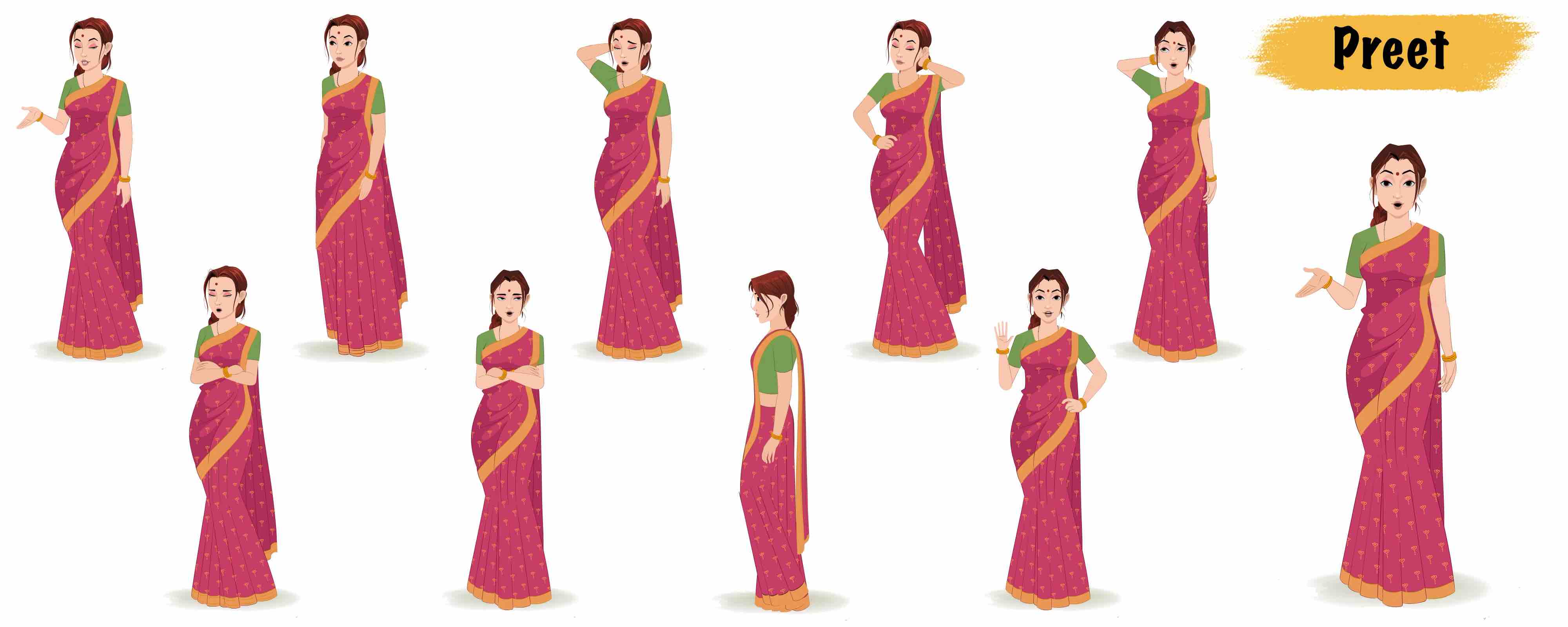 Beautiful Indian woman in saree animated vector cartoon character model sheet AKA Preet