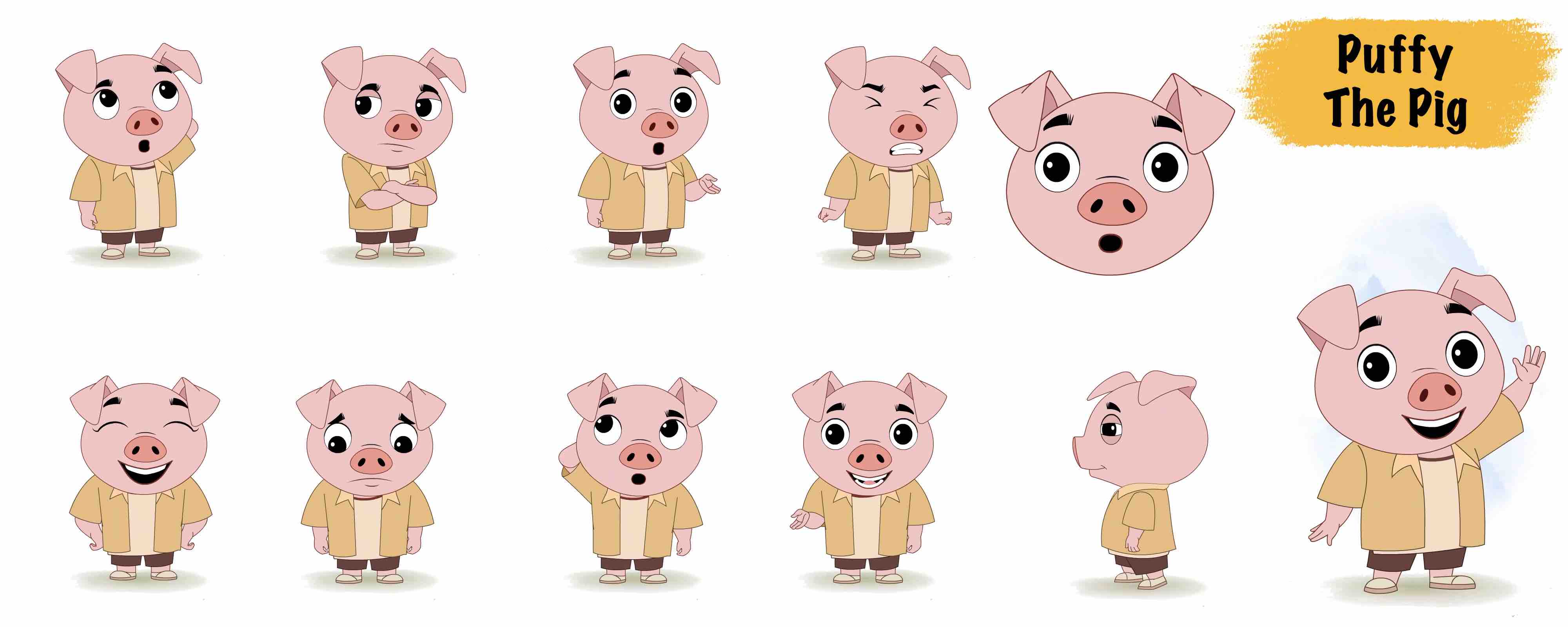 Cute pig animated vector cartoon character model sheet AKA Puffy The Pig