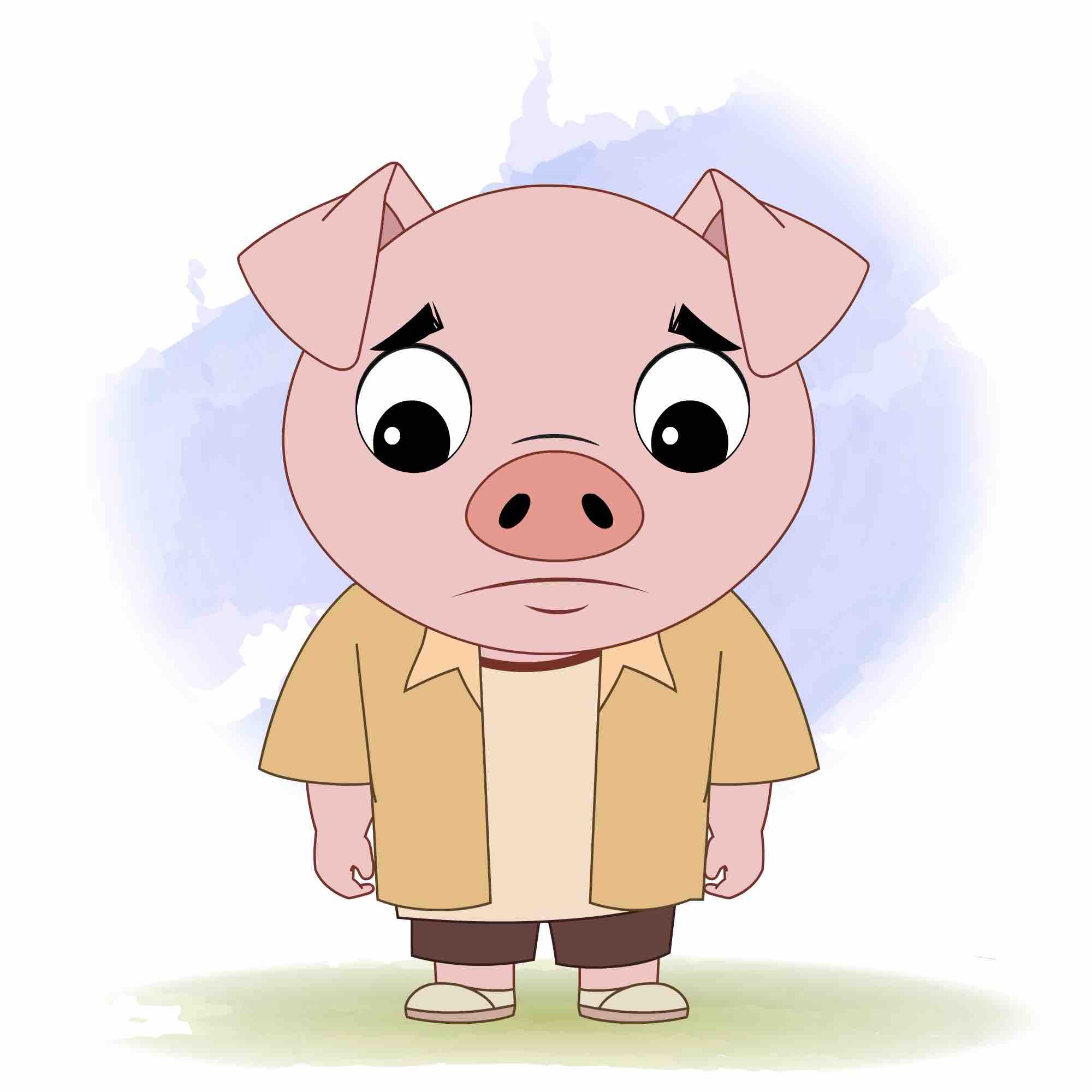 A cute pig sad animated cartoon character aka puffy the pig