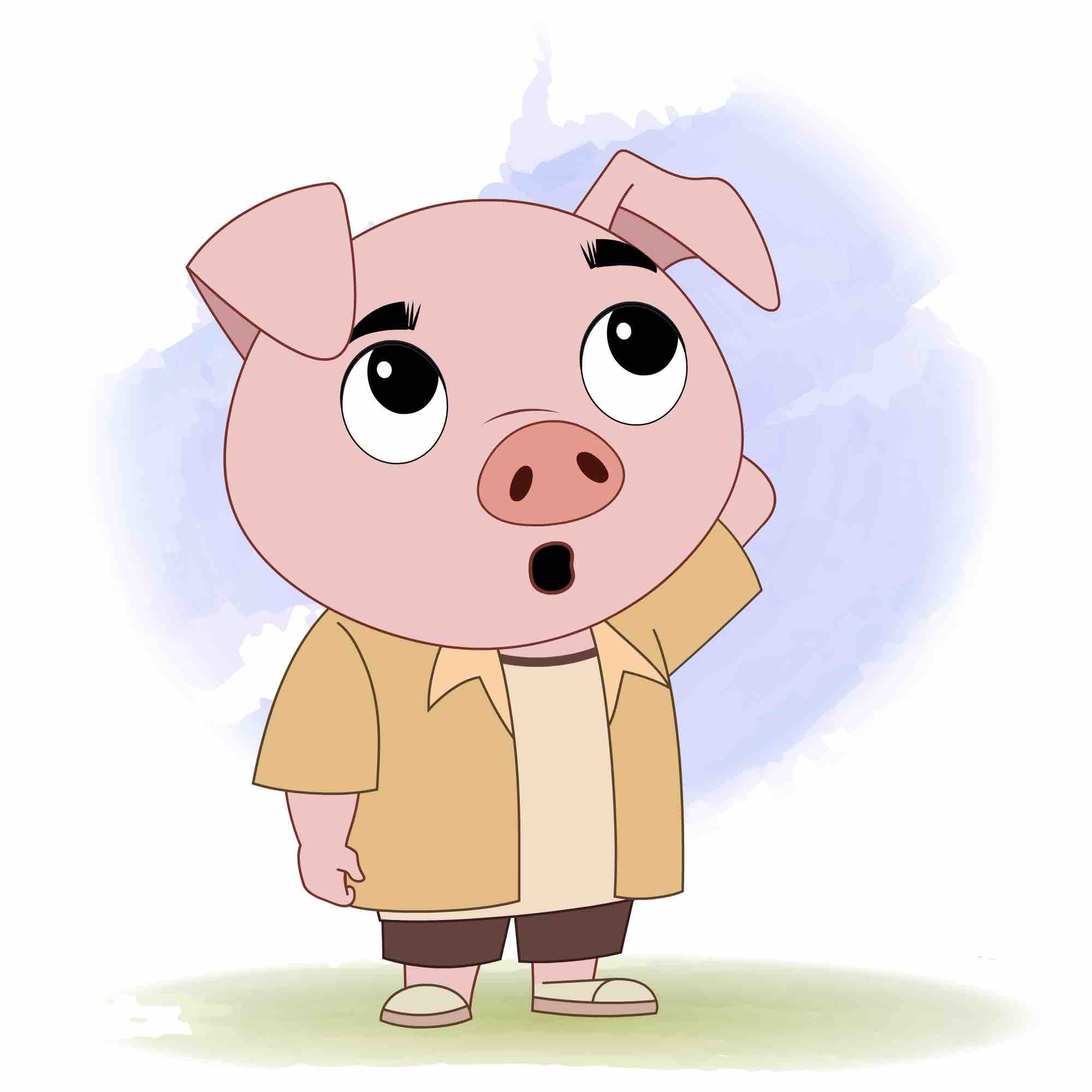 A confused cute pig animated cartoon character aka puffy the pig