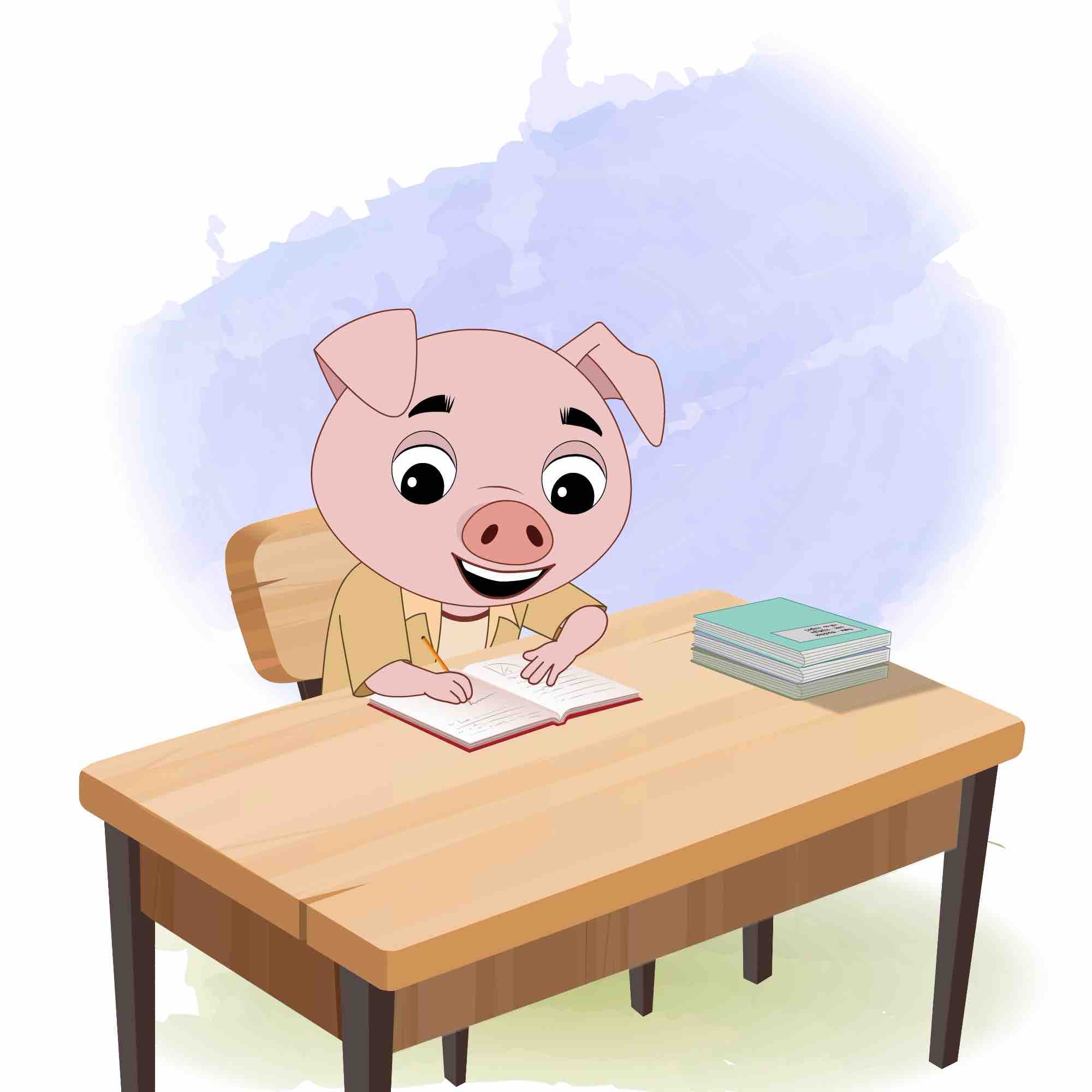 A cute pig doing homework and sitting on the table animated cartoon character aka puffy the pig