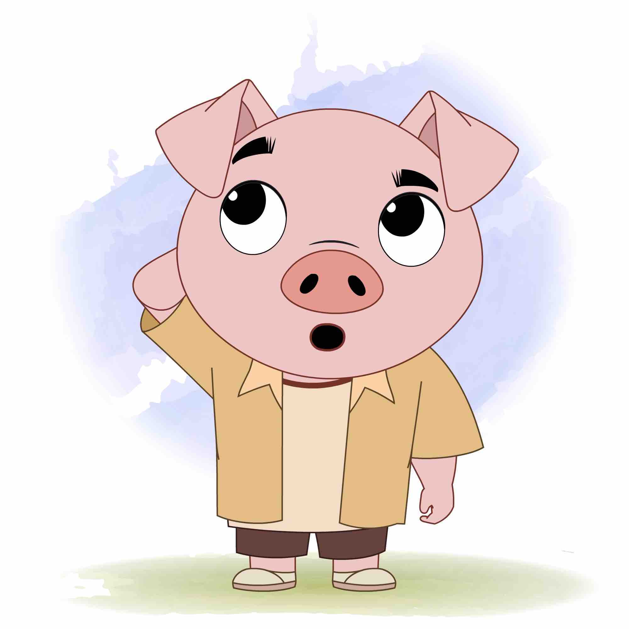 A confused cute pig animated cartoon character aka puffy the pig