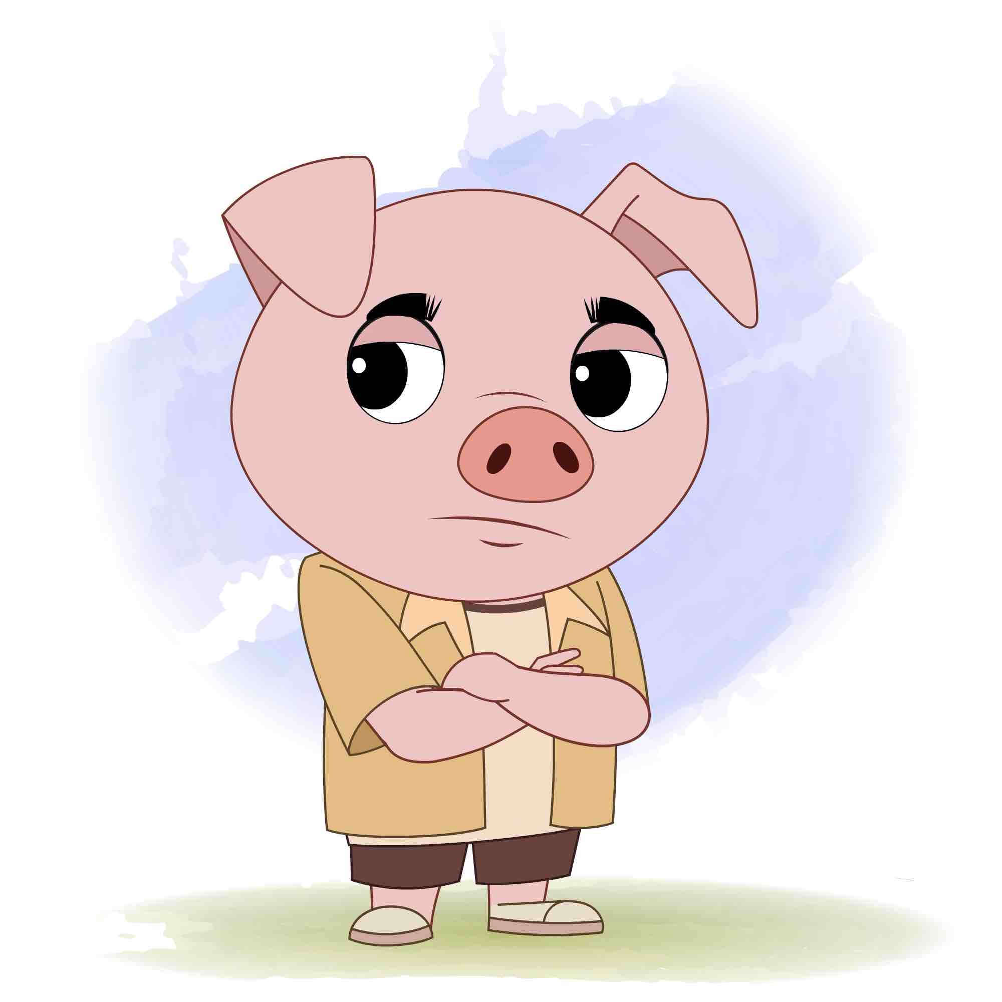 An annoyed cute pig animated cartoon character aka puffy the pig