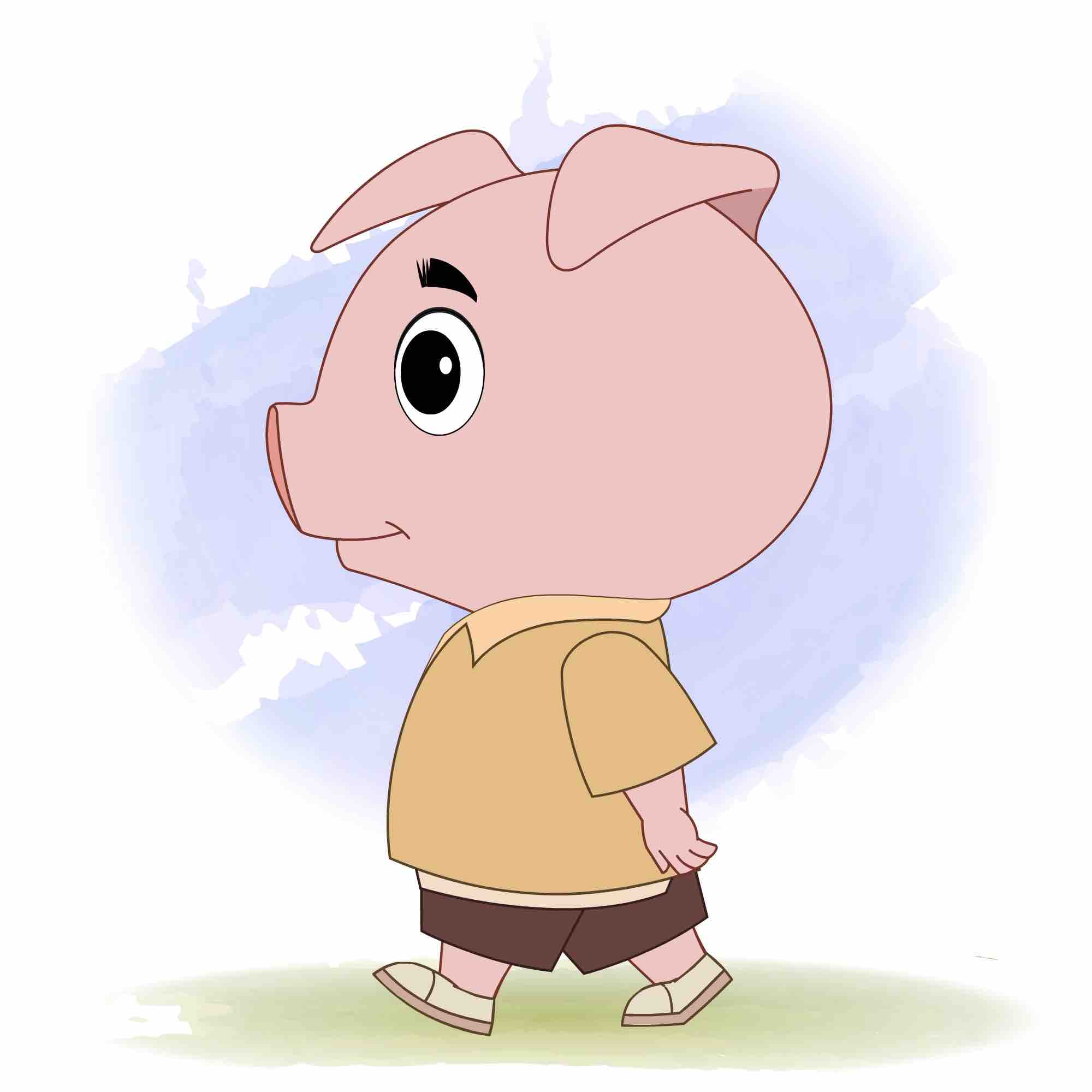 A cute pig walking side view animated cartoon character aka puffy the pig