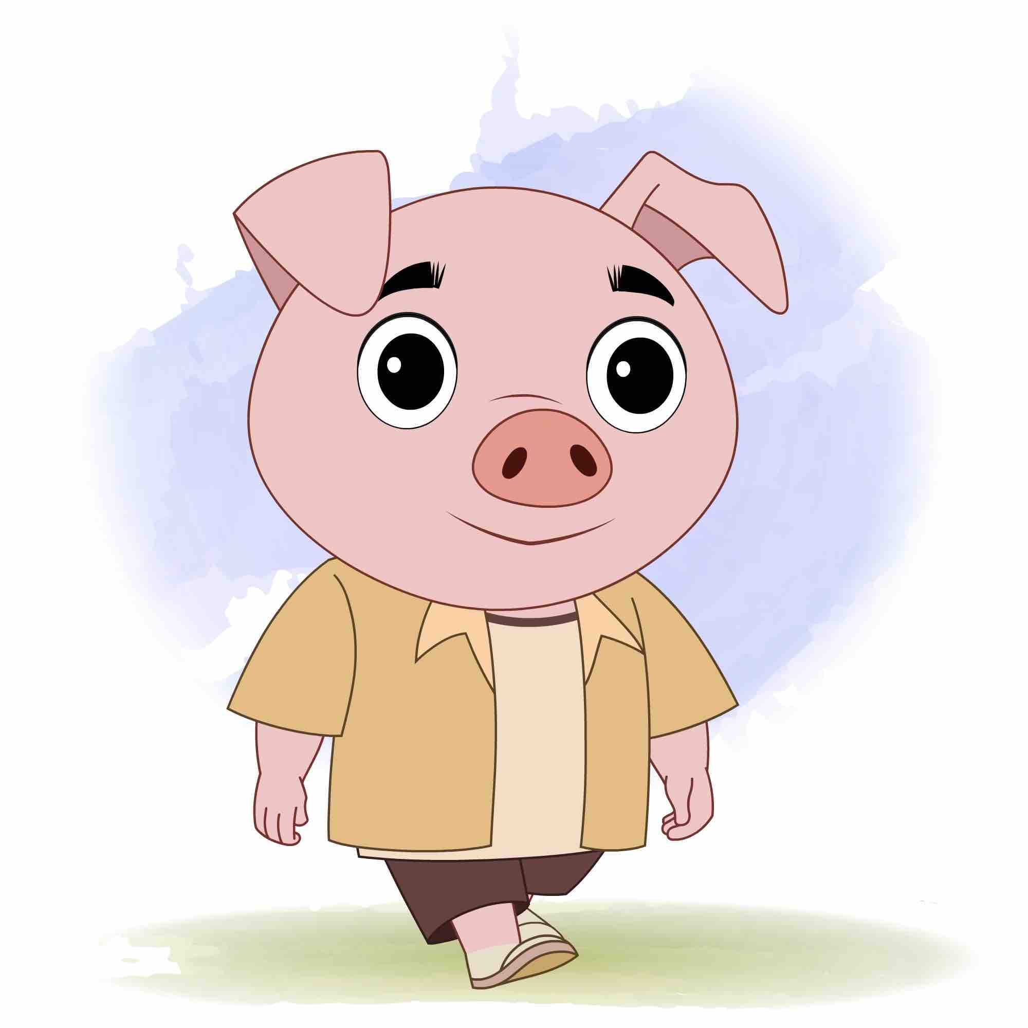 A cute pig 3/4 front view/three quarter view walking animated cartoon character aka puffy the pig